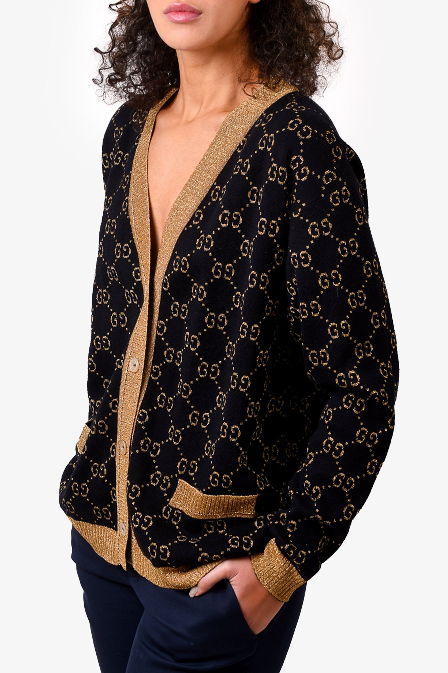 Gucci Black/Gold Metallic Cotton Knit GG Logo Button Down igan Size S