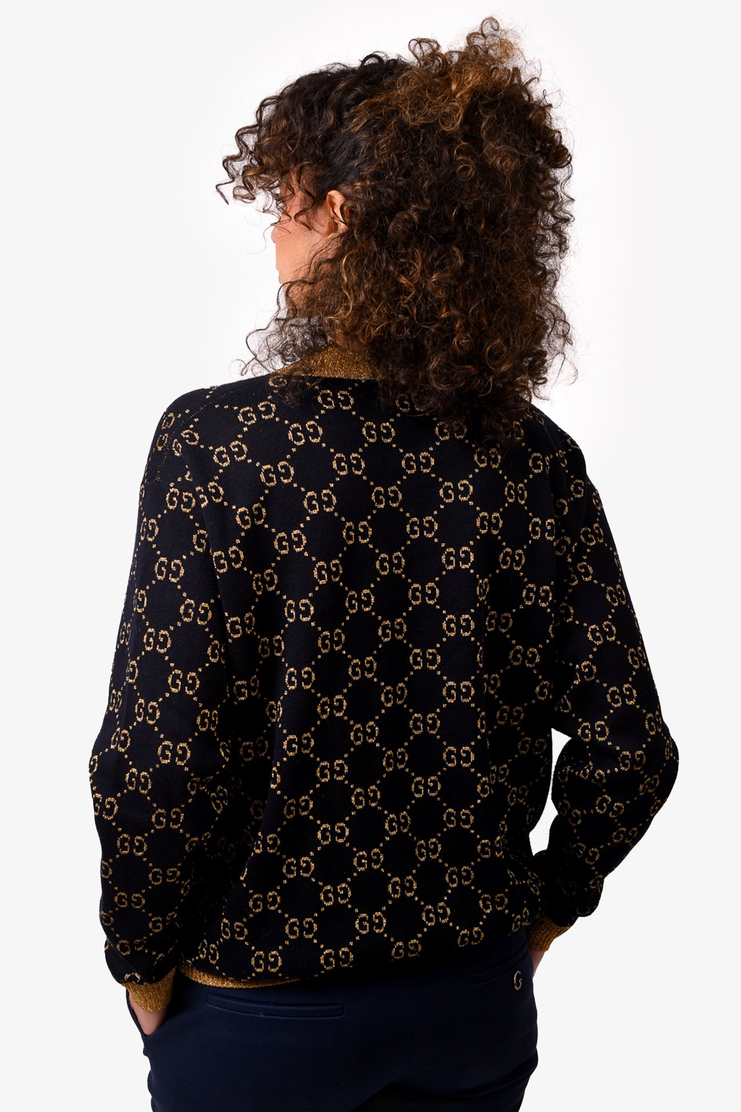 Gucci Black/Gold Metallic Cotton Knit GG Logo Button Down igan Size S