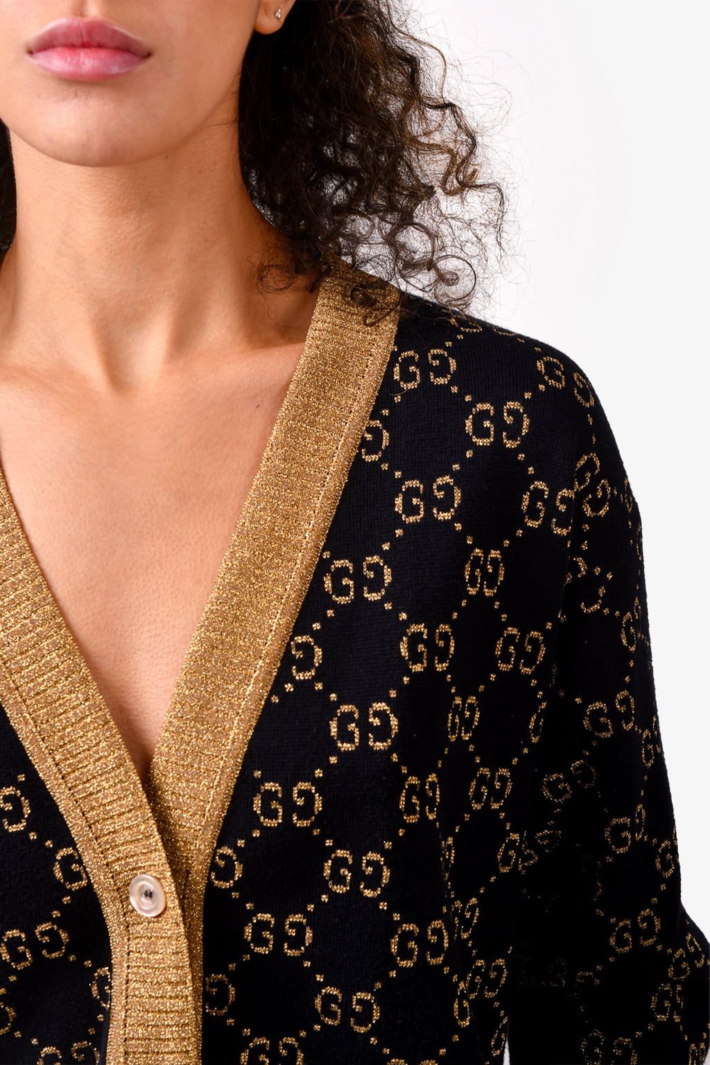 Gucci Black/Gold Metallic Cotton Knit GG Logo Button Down igan Size S