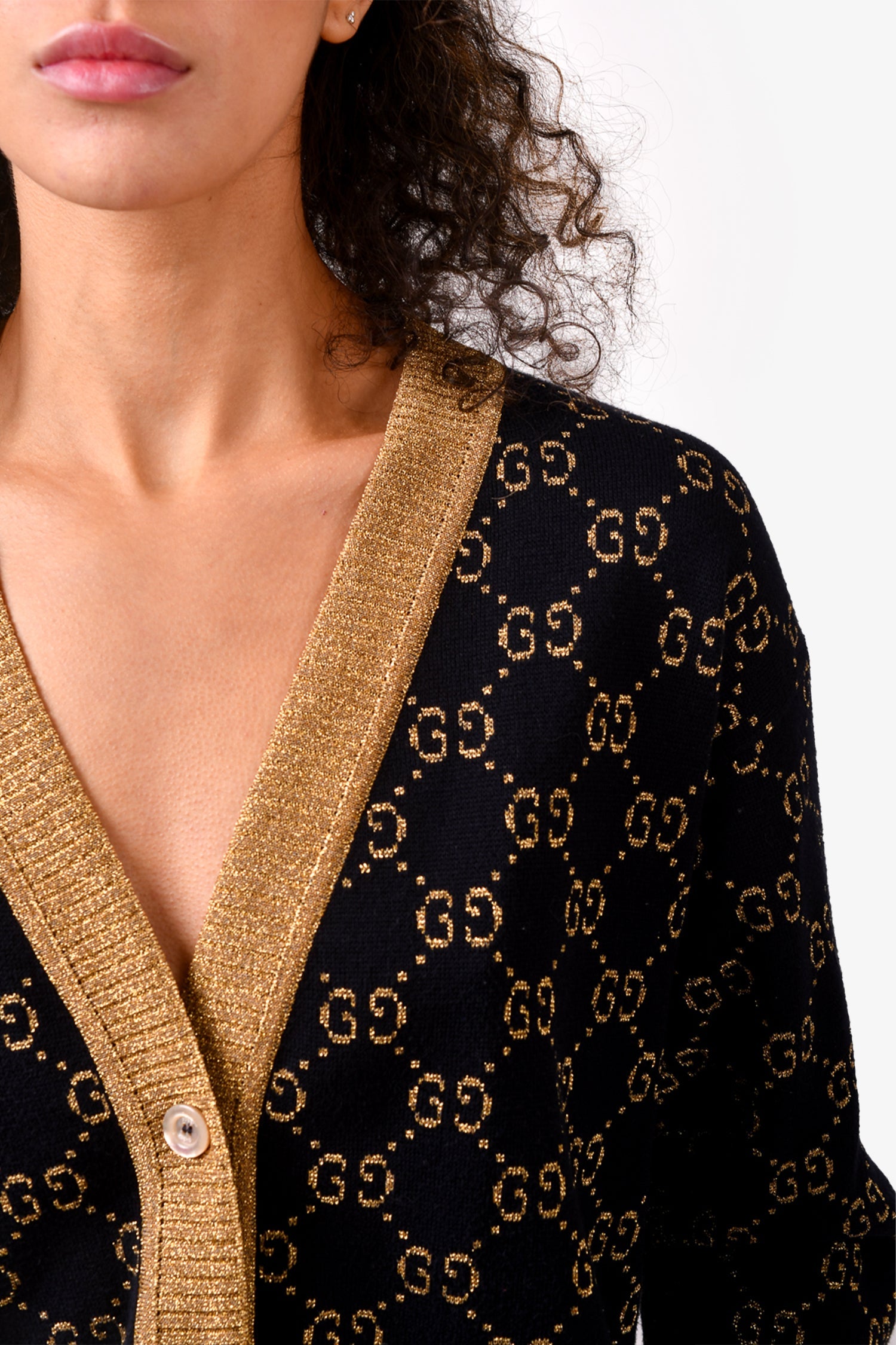 Gucci Black/Gold Metallic Cotton Knit GG Logo Button Down igan Size S