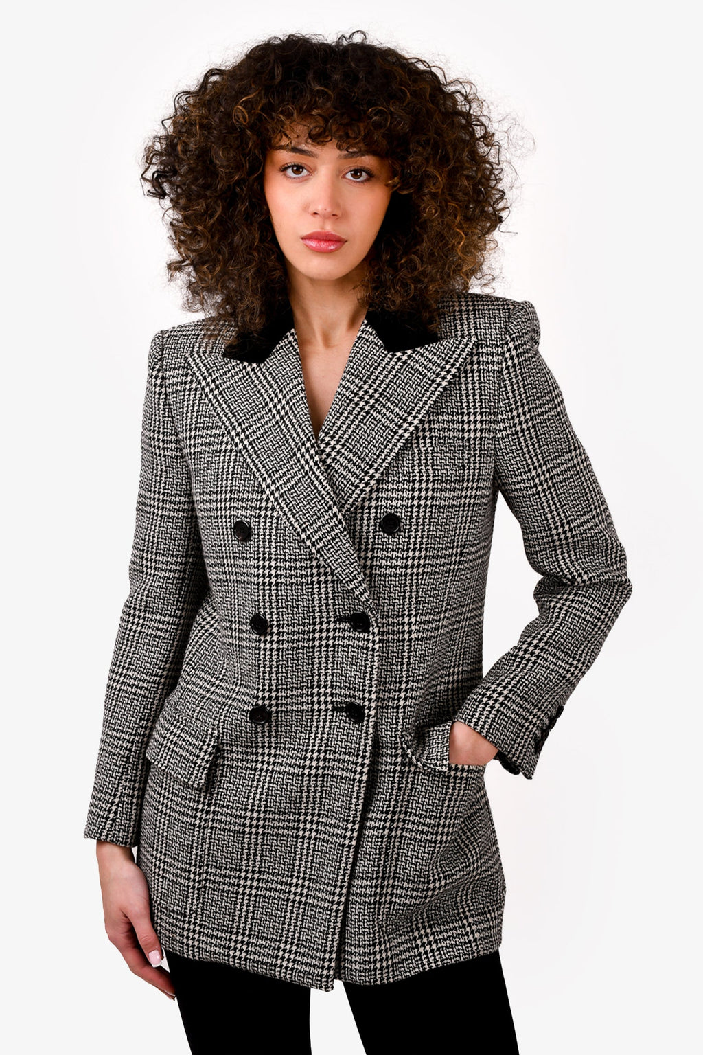 Saint Laurent 2023 Black/White Houndstooth Wool Double Breasted Blazer Jacket Size 38