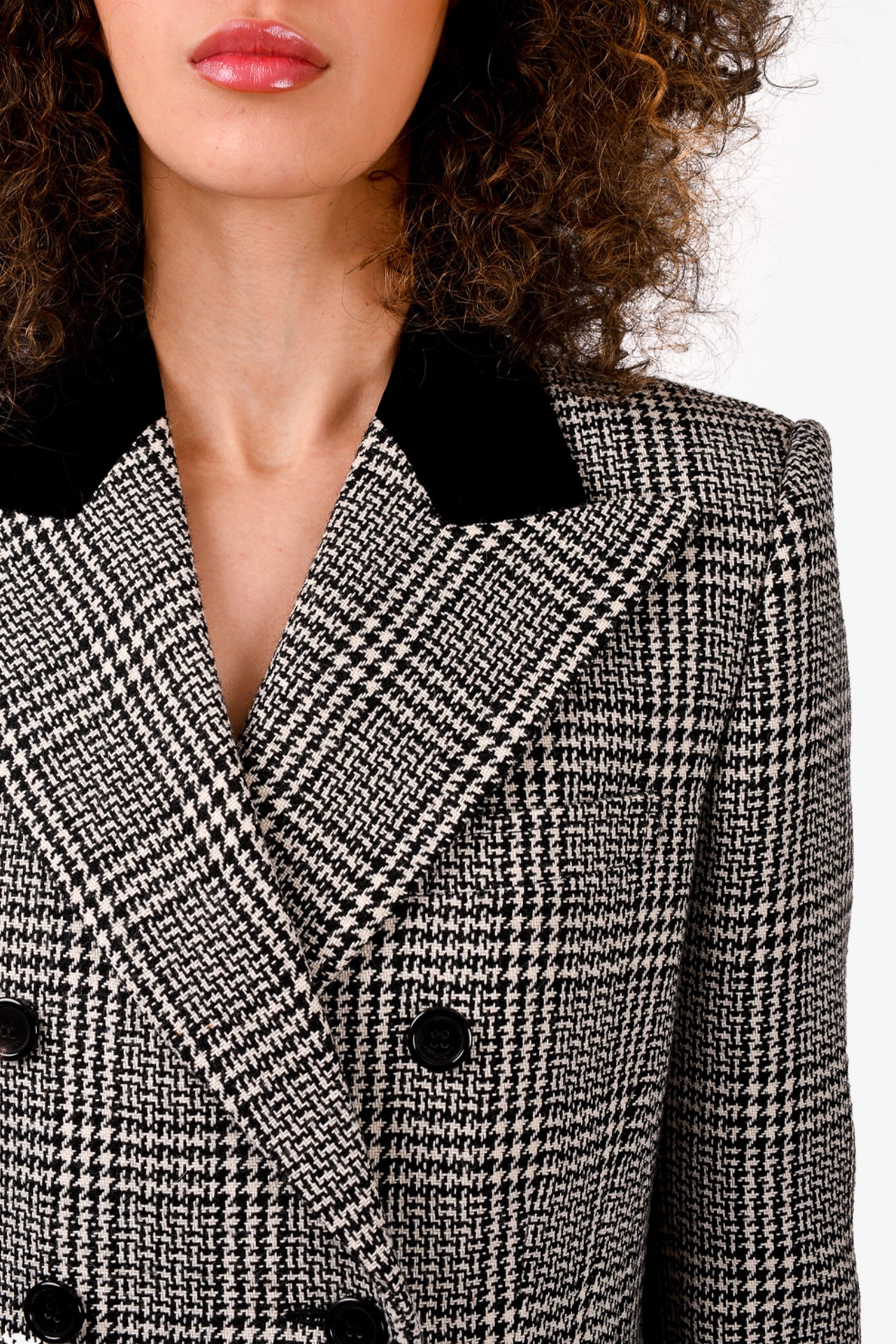 Saint Laurent 2023 Black/White Houndstooth Wool Double Breasted Blazer Jacket Size 38