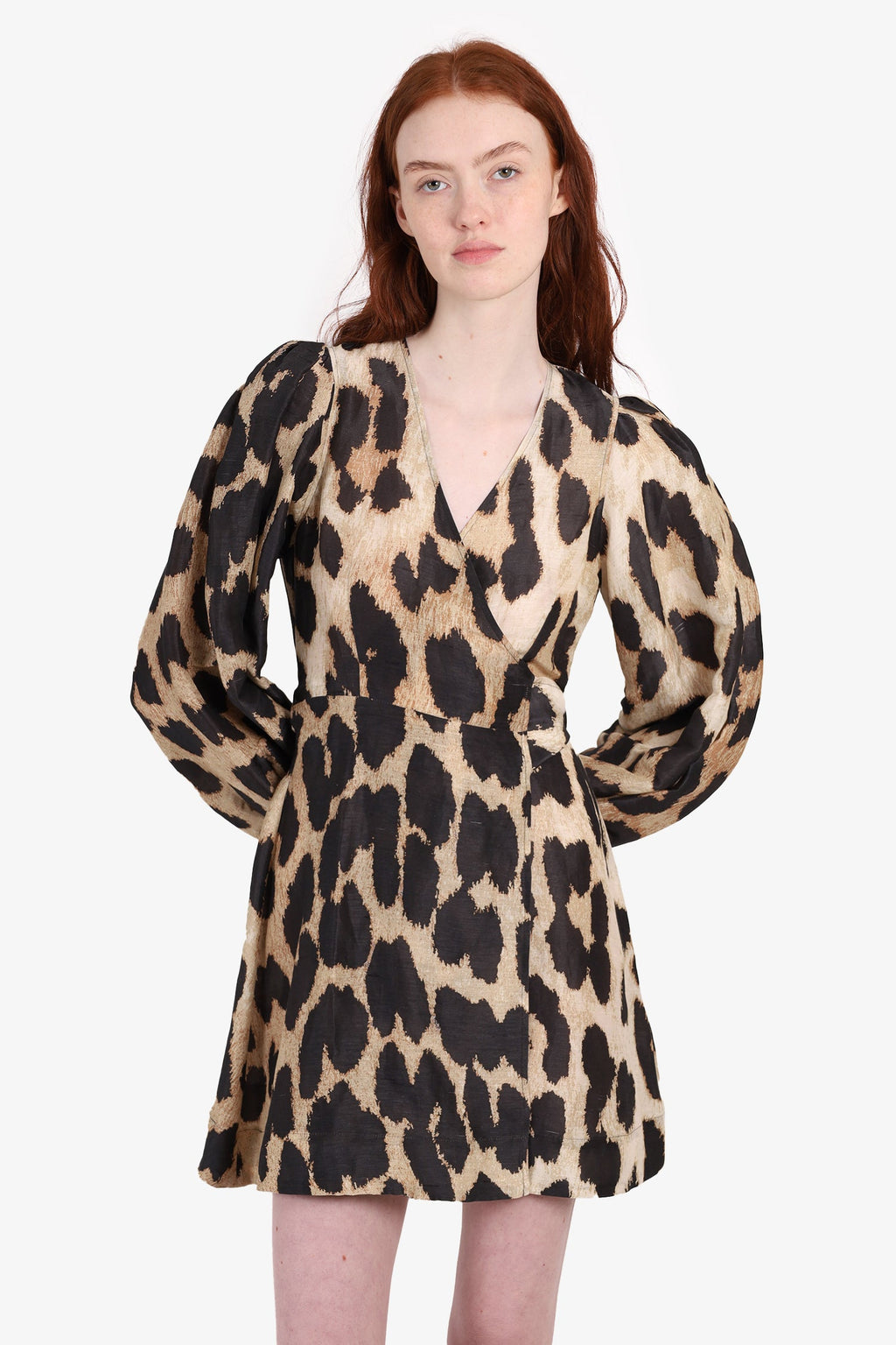 Ganni Leopard-print Linen-silk Blend Midi Dress Size 36