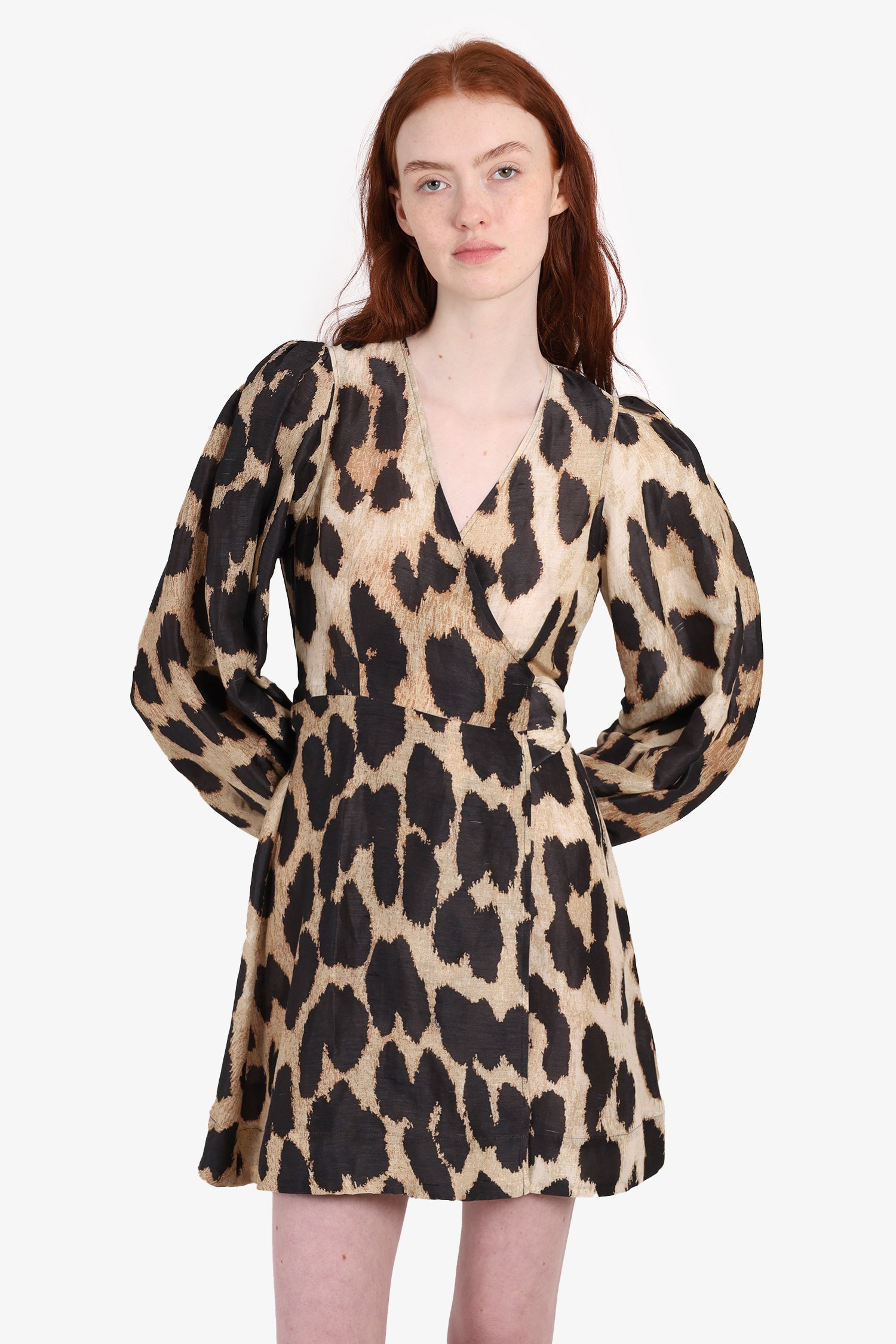 Ganni Leopard-print Linen-silk Blend Midi Dress Size 36