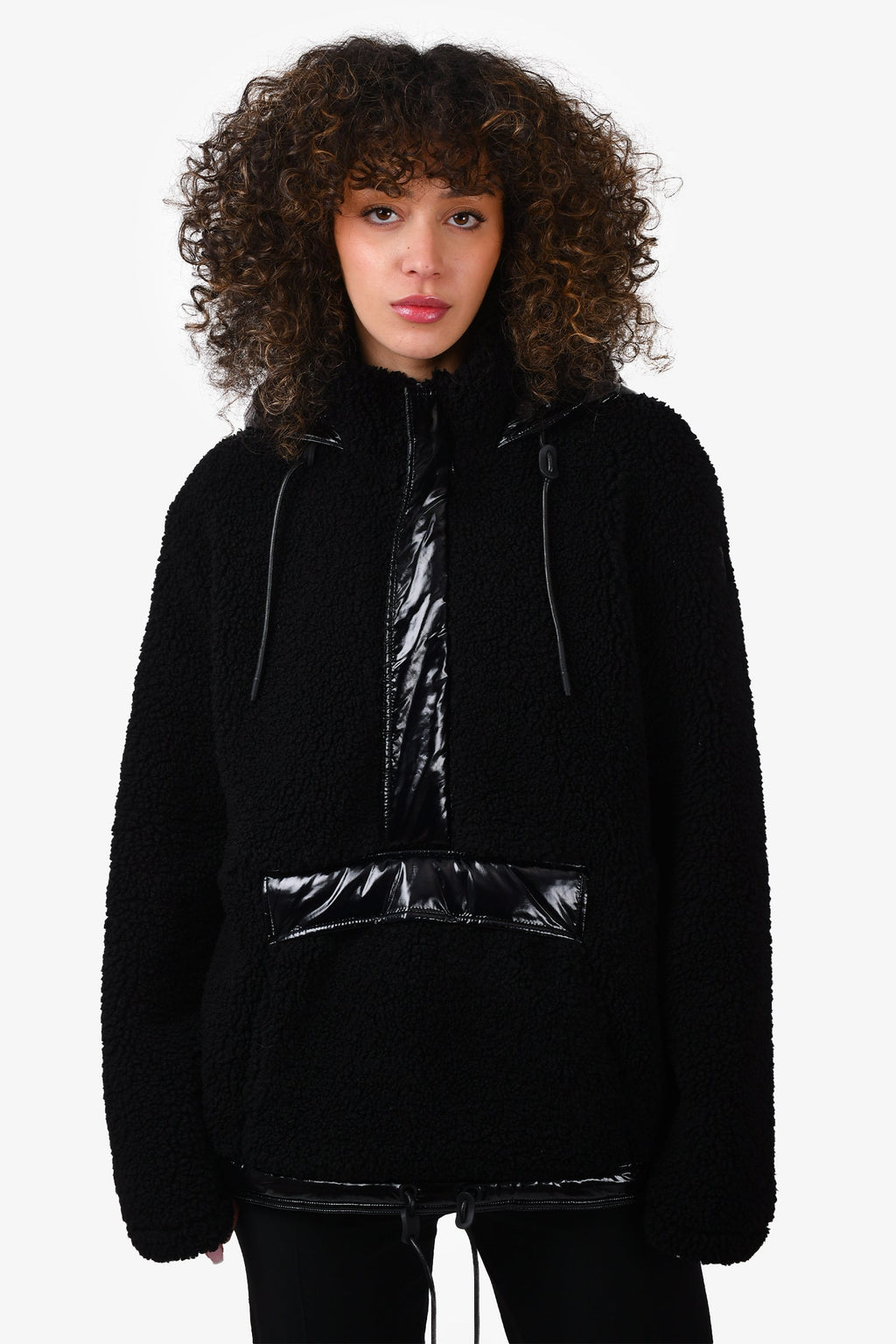 Moose Knuckles Black Shearling 3/4 Zip Drawstring Hooded Jacket with Shiny Detail Size S