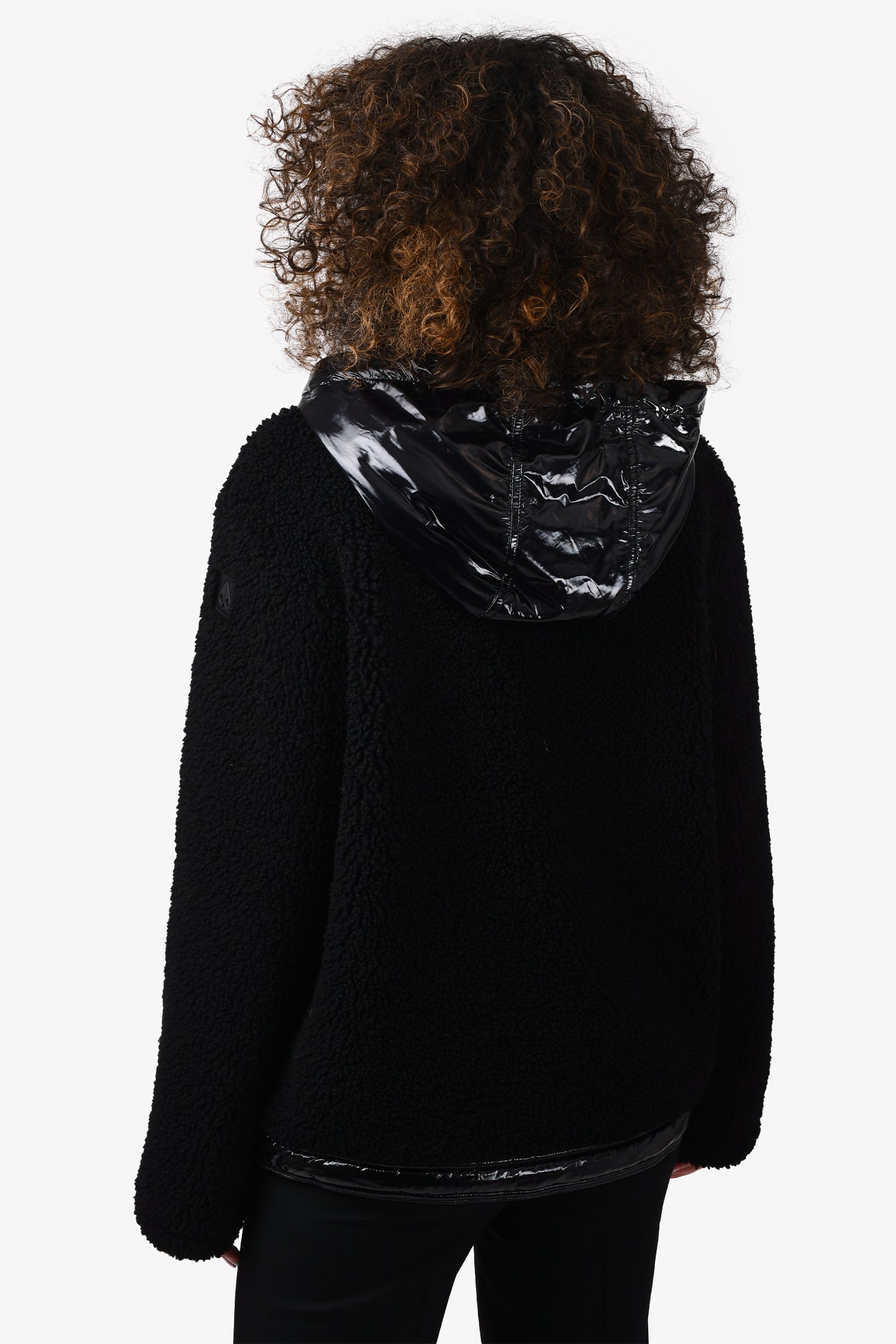 Moose Knuckles Black Shearling 3/4 Zip Drawstring Hooded Jacket with Shiny Detail Size S