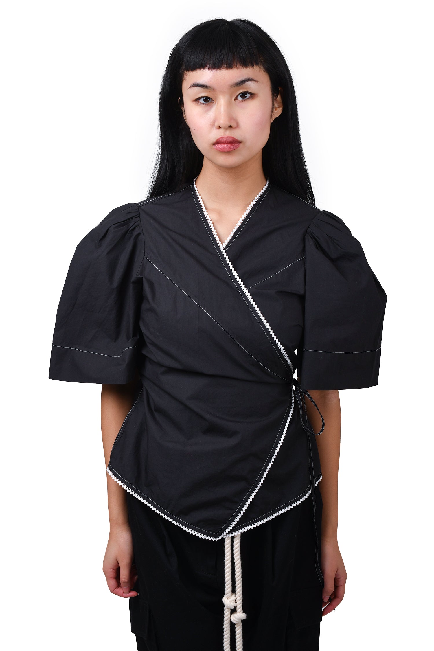 Ganni Black Cotton Contrast Stitch Wrap Top Size 42