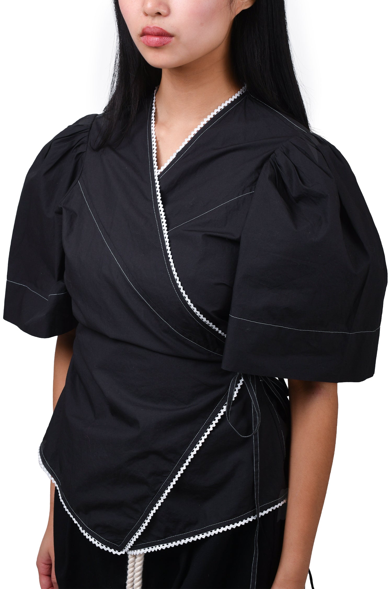 Ganni Black Cotton Contrast Stitch Wrap Top Size 42