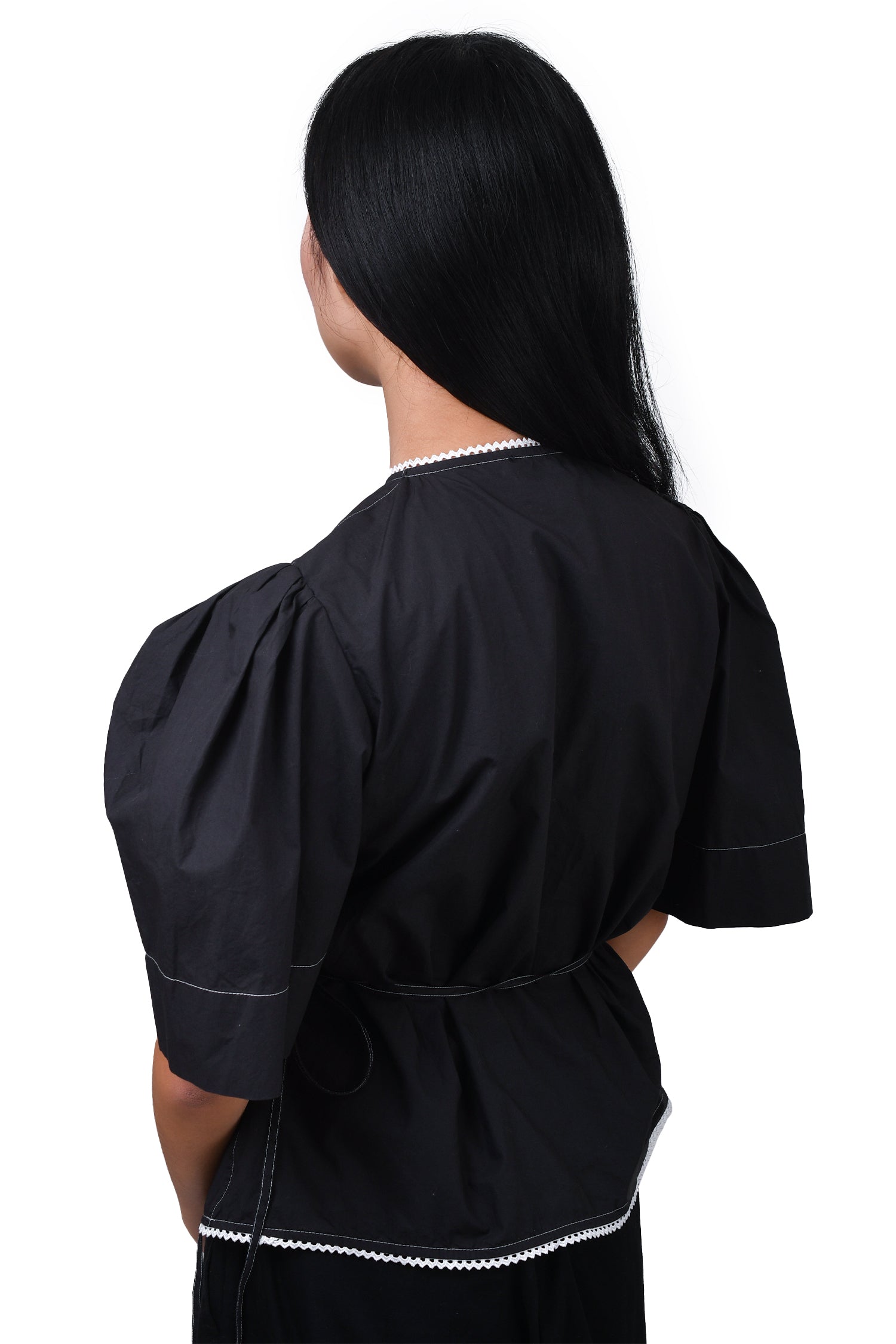 Ganni Black Cotton Contrast Stitch Wrap Top Size 42