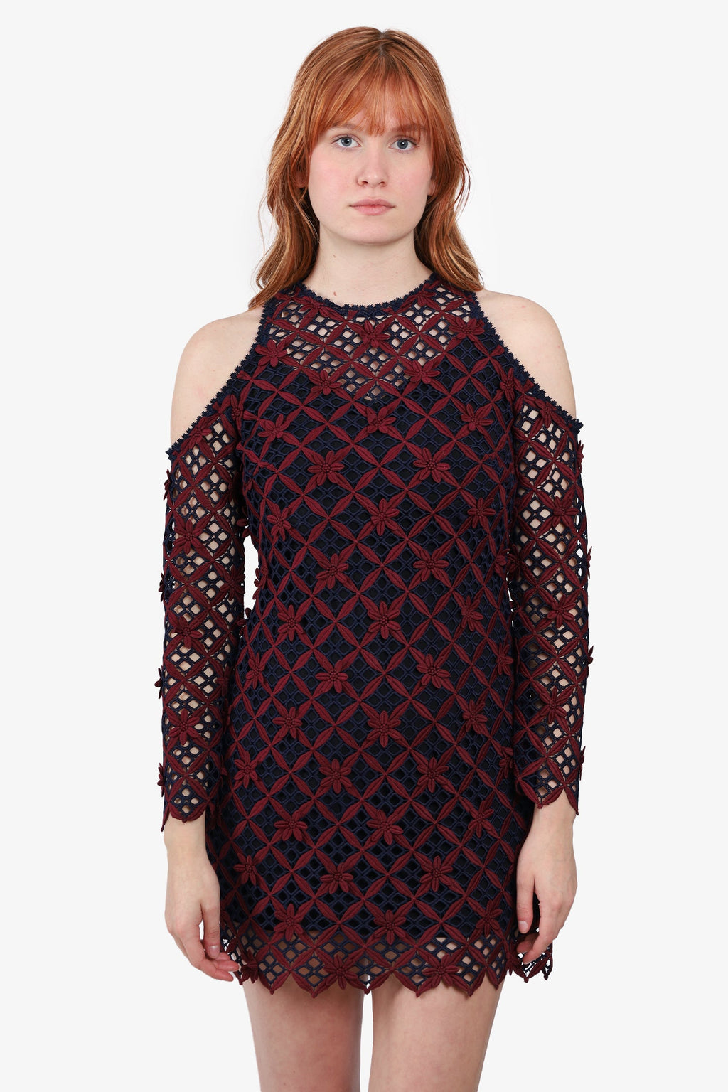 Self-Portrait Navy/Burgundy Lace Pattern Mini Dress Size 4