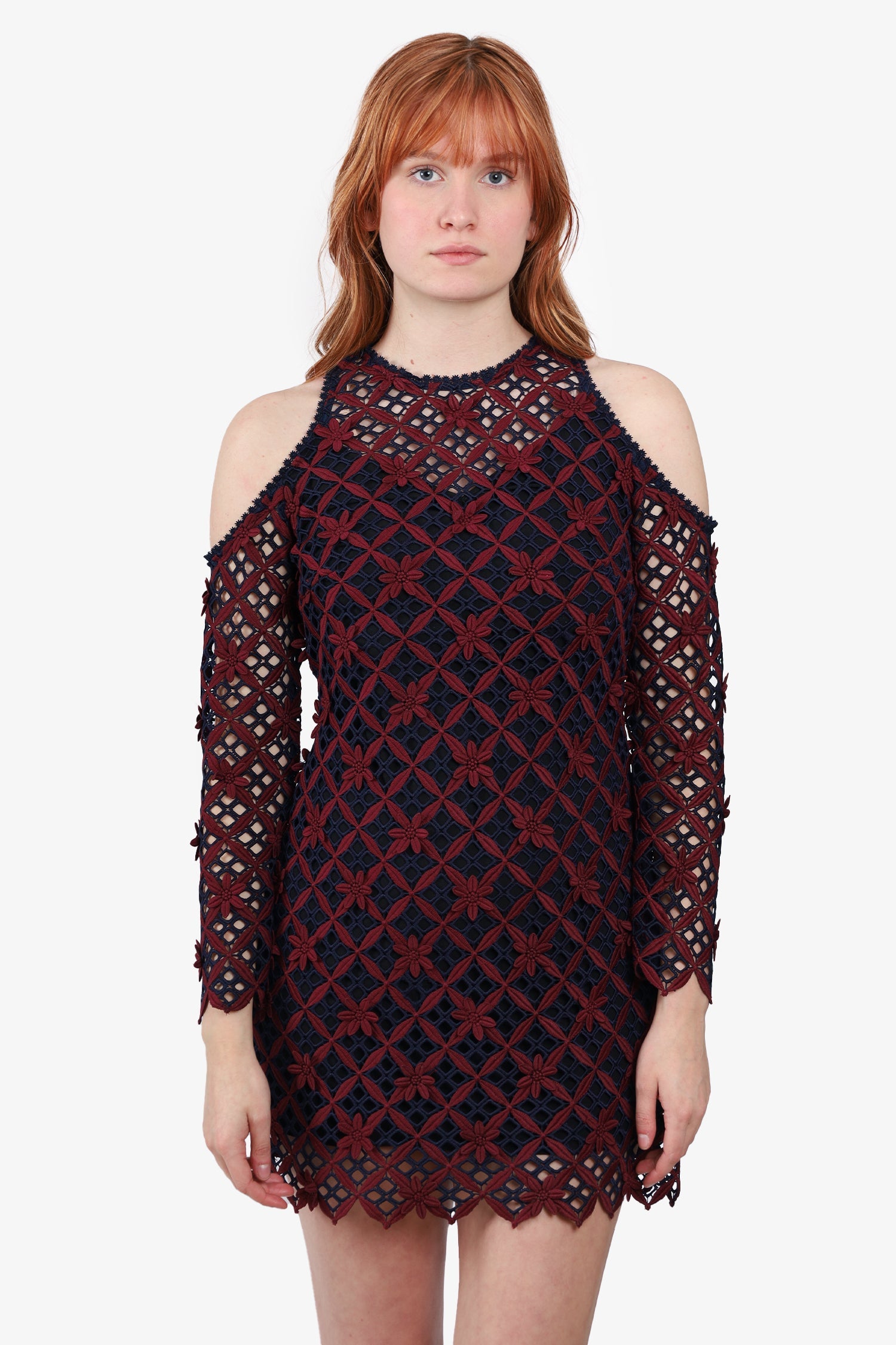 Self-Portrait Navy/Burgundy Lace Pattern Mini Dress Size 4