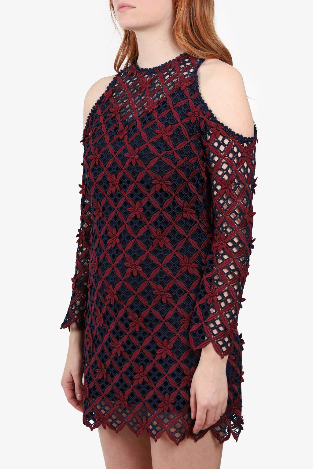 Self-Portrait Navy/Burgundy Lace Pattern Mini Dress Size 4