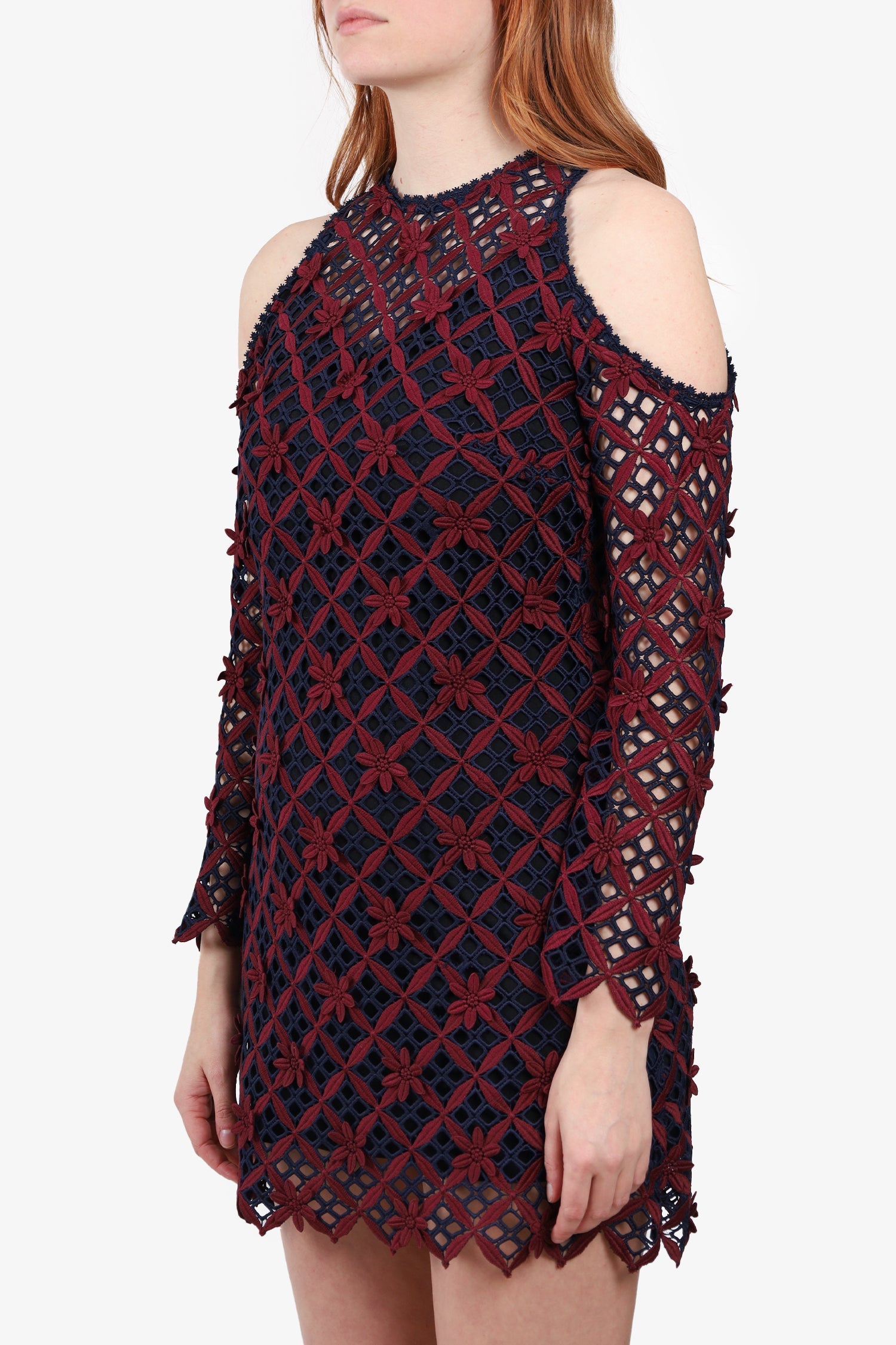 Self-Portrait Navy/Burgundy Lace Pattern Mini Dress Size 4