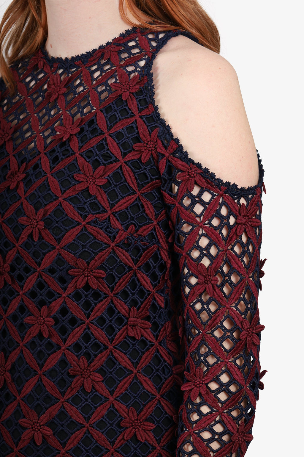 Self-Portrait Navy/Burgundy Lace Pattern Mini Dress Size 4