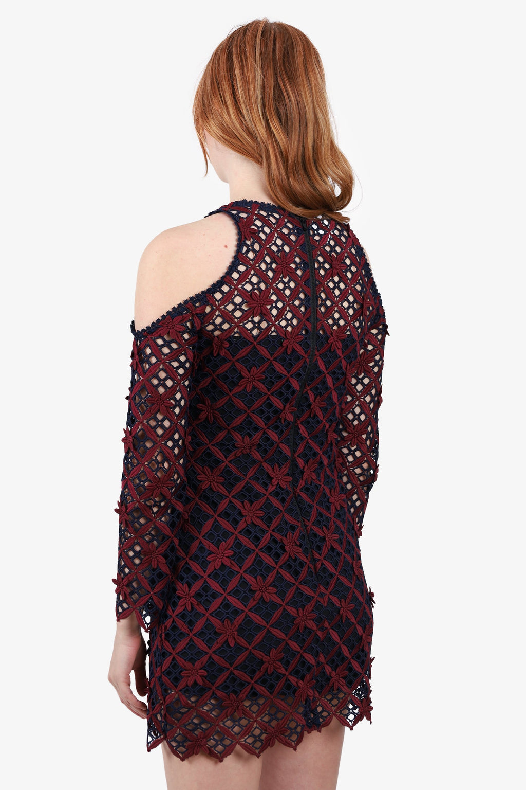 Self-Portrait Navy/Burgundy Lace Pattern Mini Dress Size 4