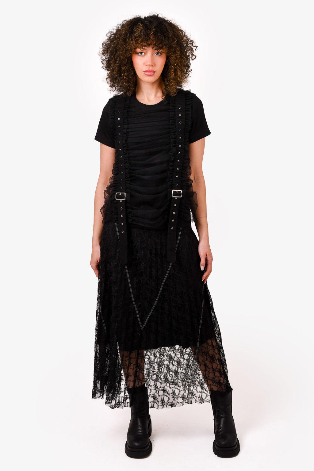 Comme des Garçons Noir Kei Ninomiya Black Tulle Buckle Detail T-Shirt Size S