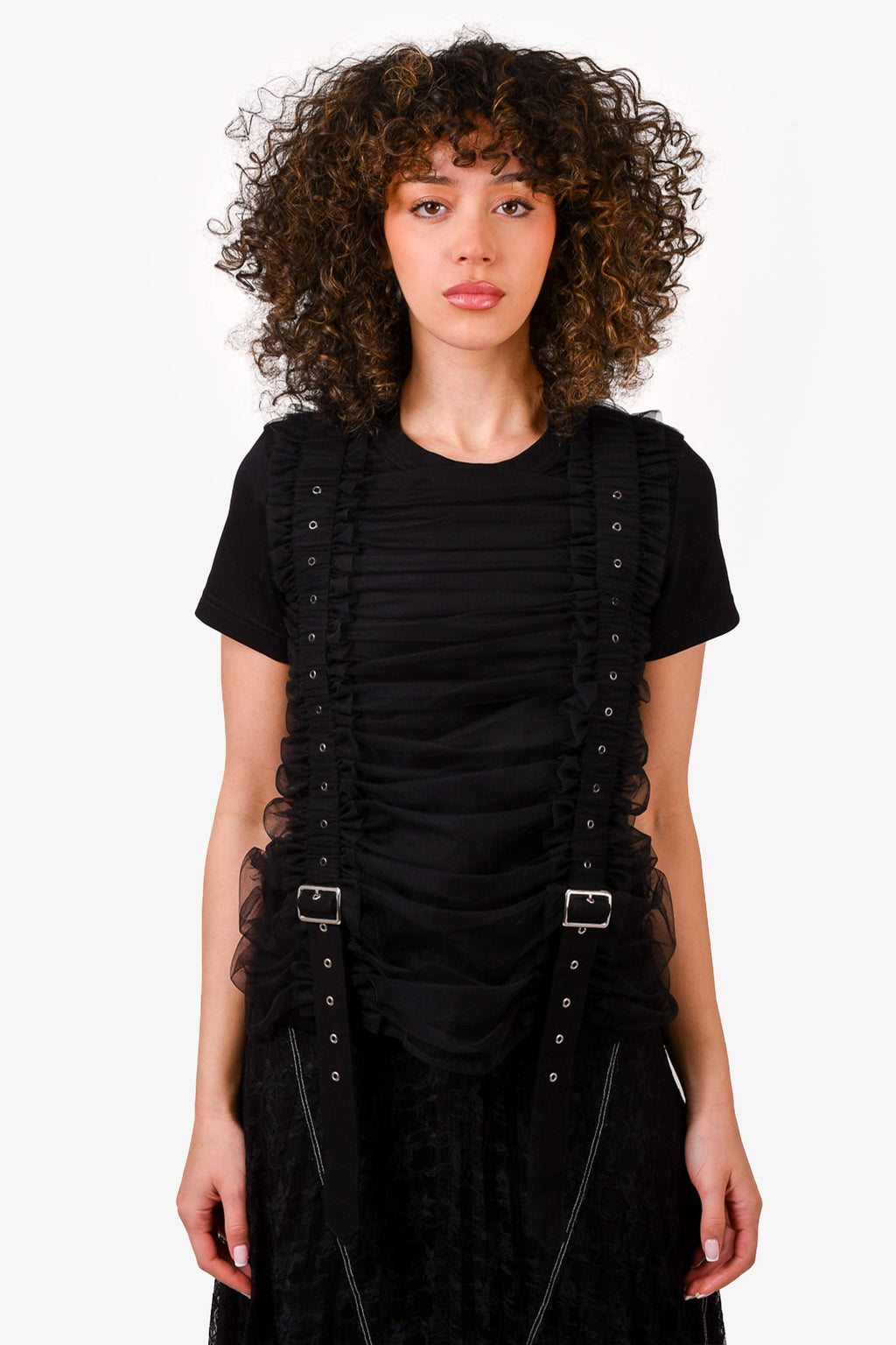 Comme des Garçons Noir Kei Ninomiya Black Tulle Buckle Detail T-Shirt Size S