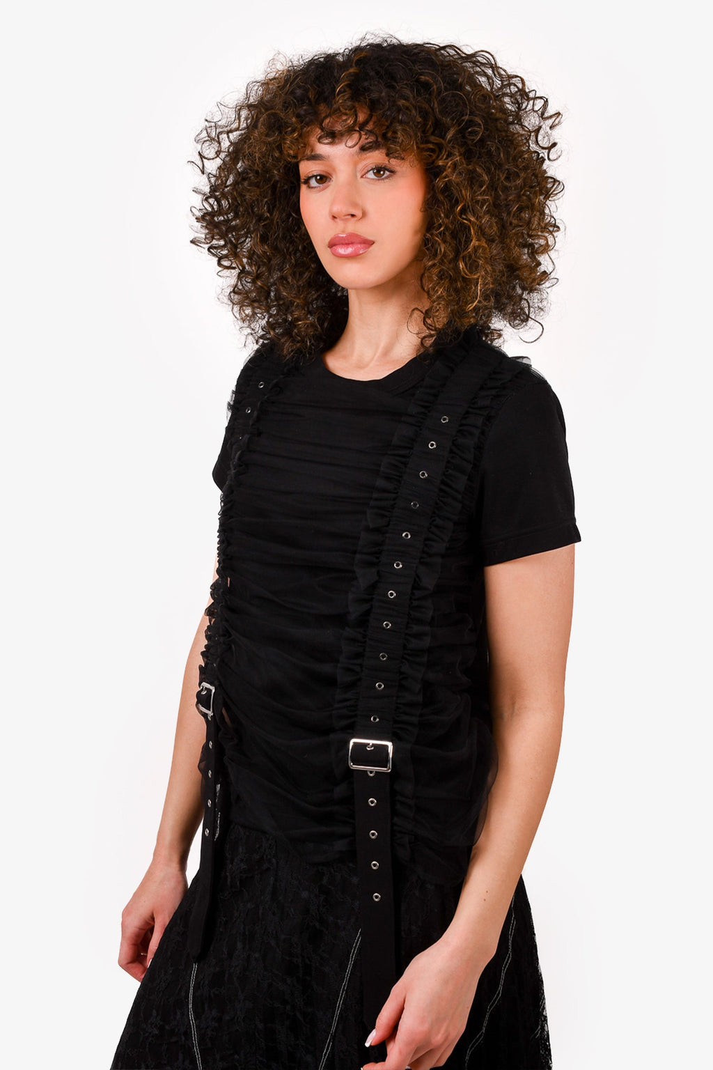 Comme des Garçons Noir Kei Ninomiya Black Tulle Buckle Detail T-Shirt Size S
