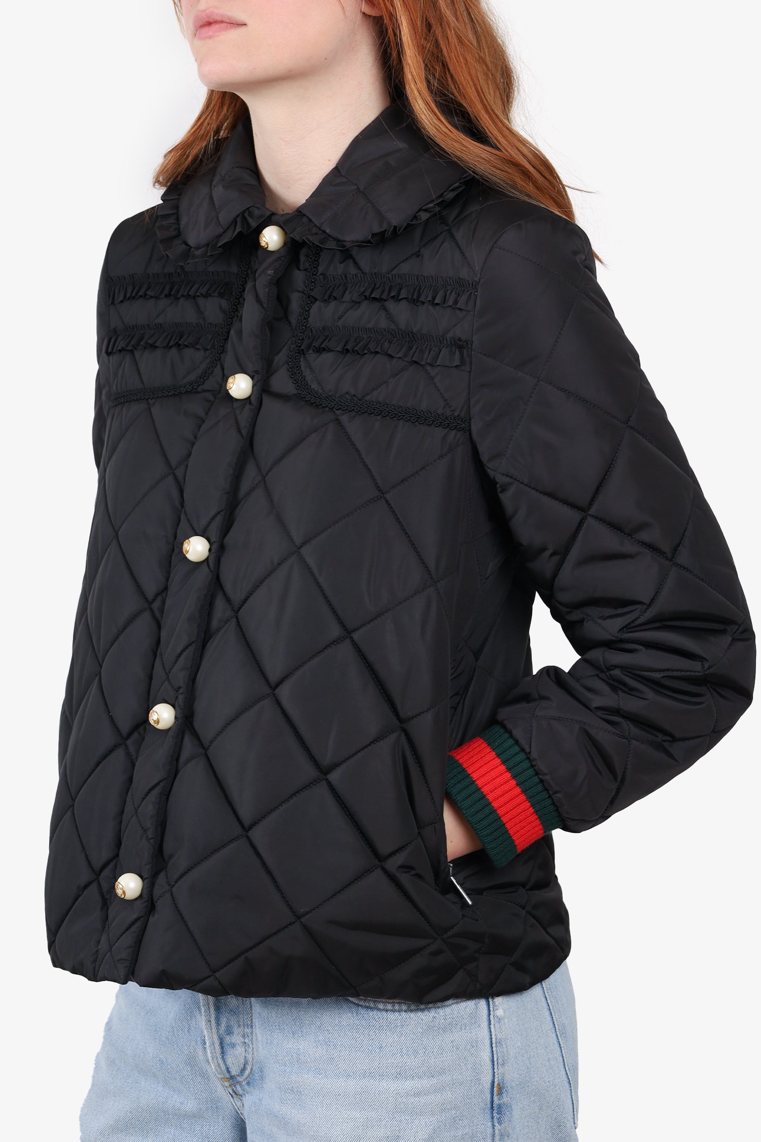 Gucci Black Light Quilted Web Jacket with Pearl GG Buttins size 44