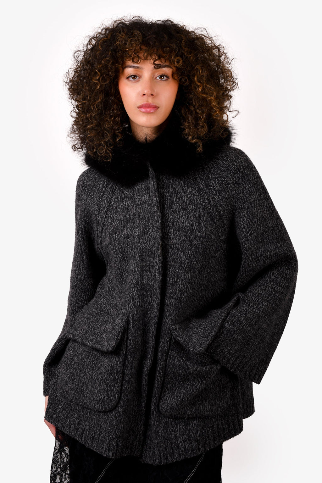 Prada Grey Wool Sweater with Fur Trim Size 36