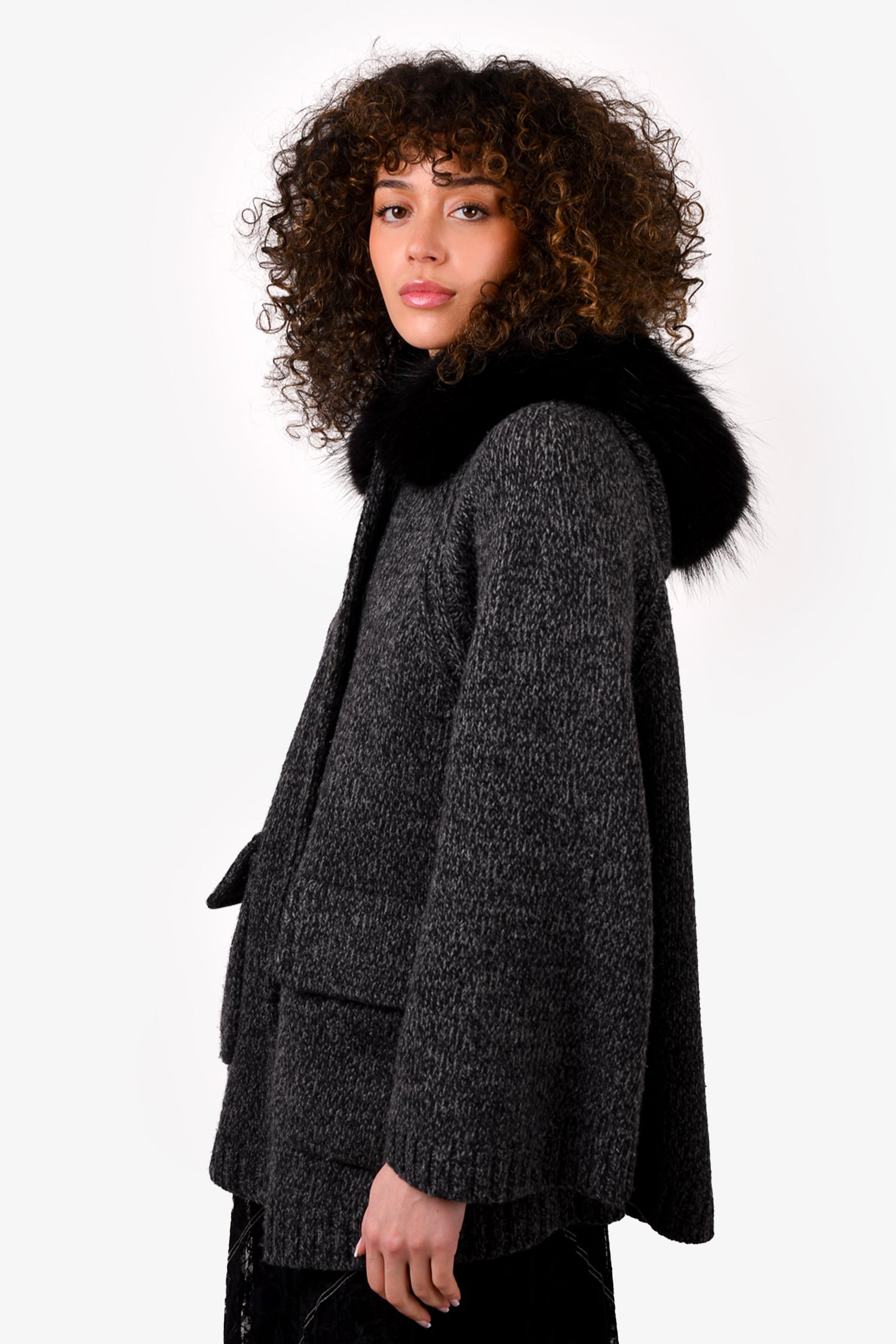 Prada Grey Wool Sweater with Fur Trim Size 36