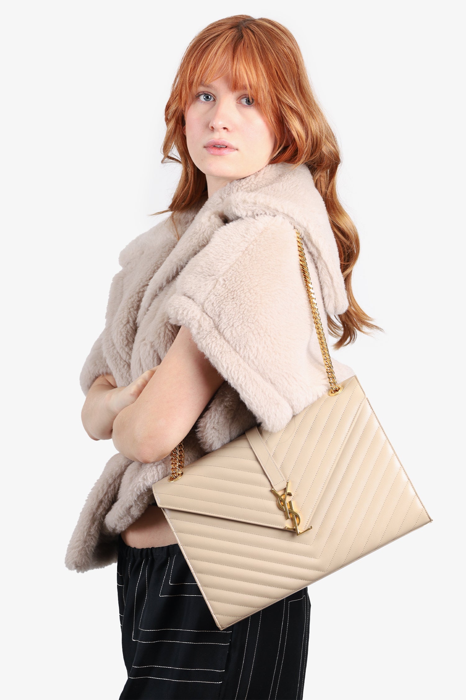 Saint Laurent Beige Grain De Poudre Matelasse Chevron Large Envelop Bag