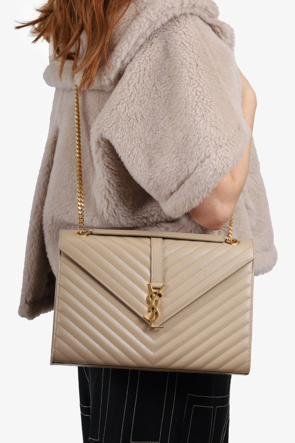 Saint Laurent Beige Grain De Poudre Matelasse Chevron Large Envelop Bag