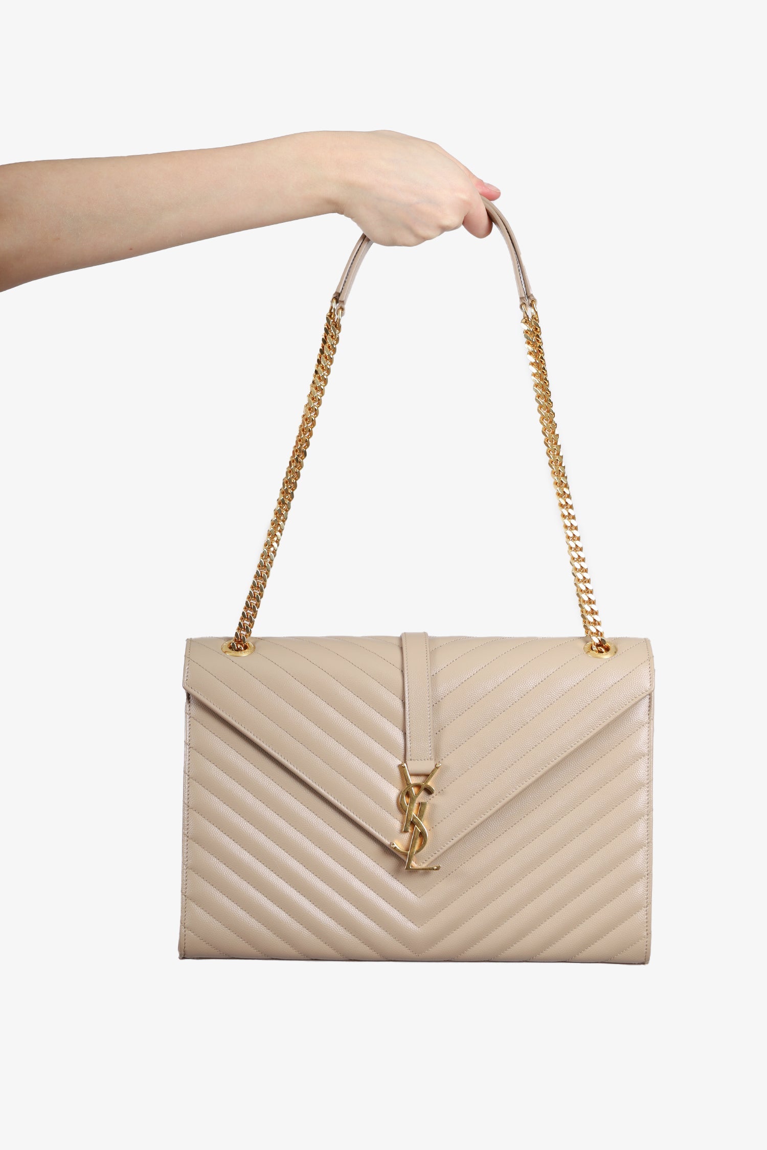 Saint Laurent Beige Grain De Poudre Matelasse Chevron Large Envelop Bag