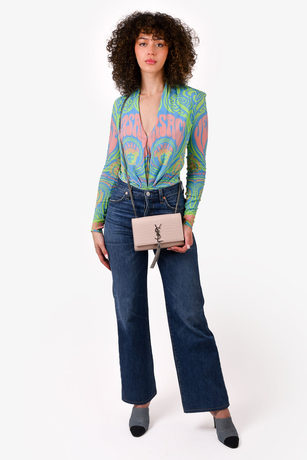 Saint Laurent Light Blush Pink Croc Embossed Leather Small 'Kate' Crossbody Bag