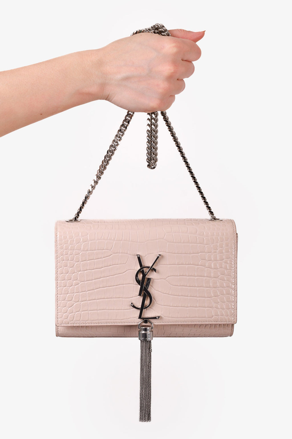 Saint Laurent Light Blush Pink Croc Embossed Leather Small 'Kate' Crossbody Bag
