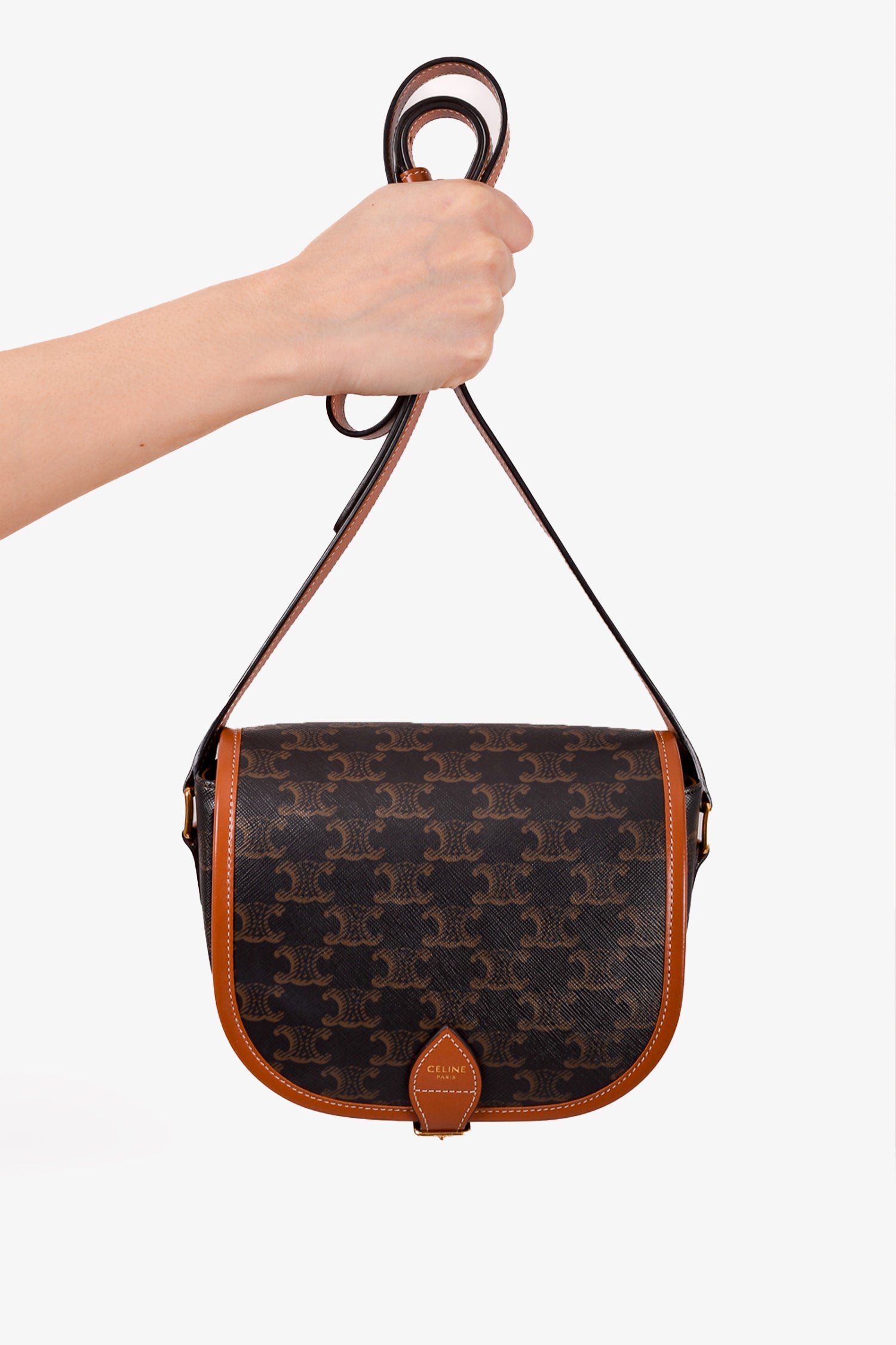 Celine 2020 Brown Leather Triomphe Canvas Medium Folco Bag
