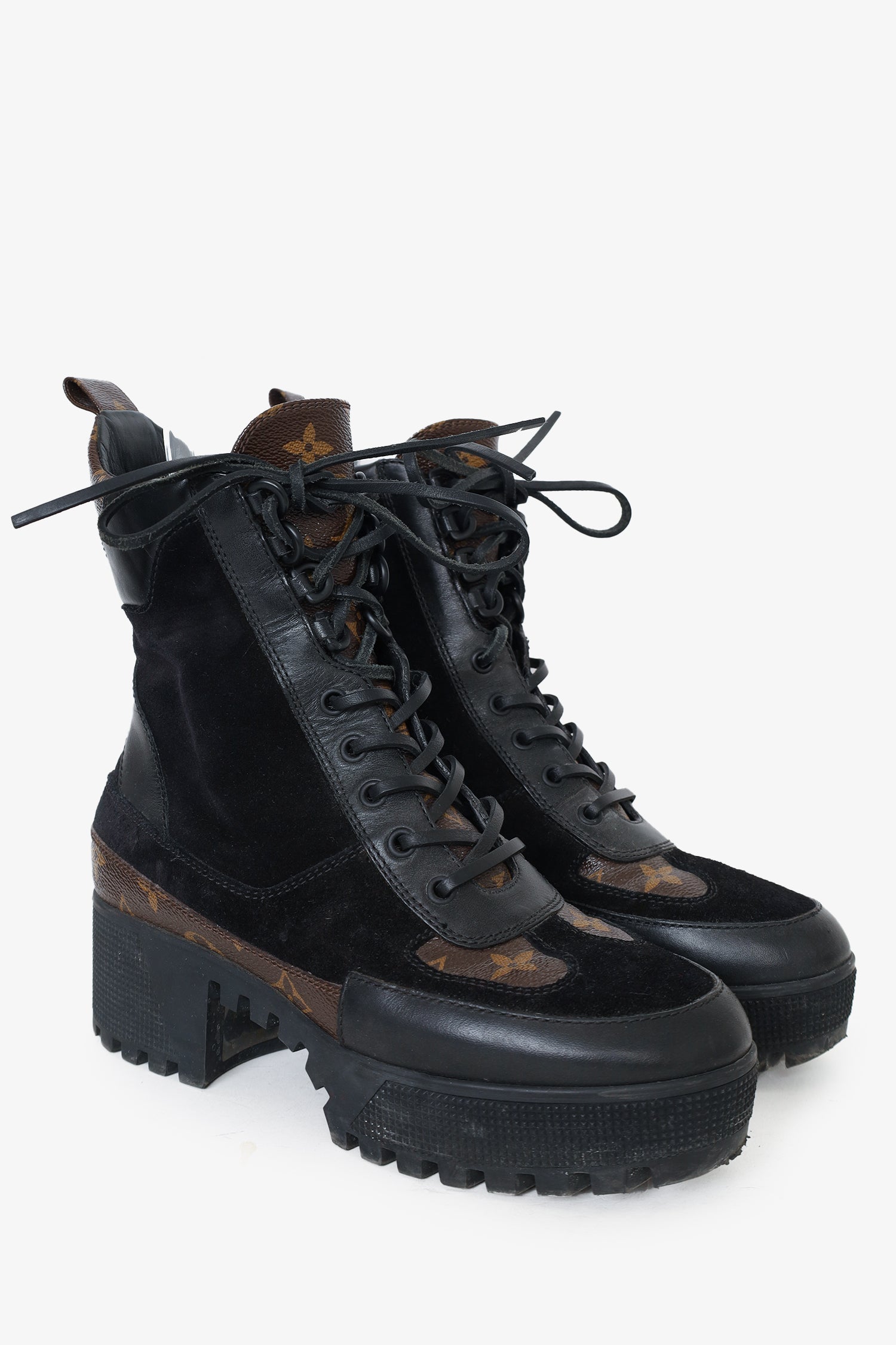 Louis Vuitton Black Monogram Leather/Suede Laureate Combat Boots Size 37.5