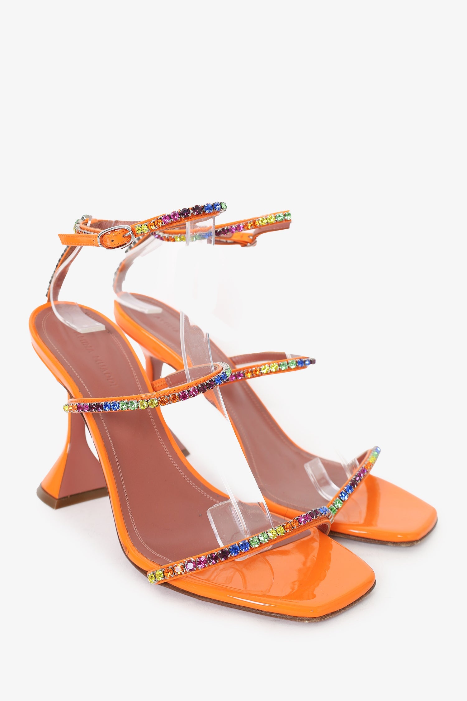 AMINA MUADDI Orange Patent Rhinestone 'Gilda' Sandals Size 37.5