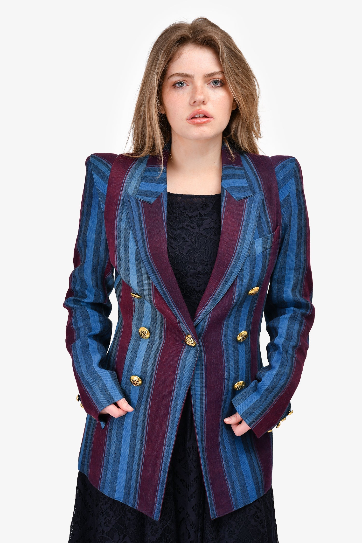 Smythe Blue/Maroon Striped Linen Double Breasted Blazer Size 8