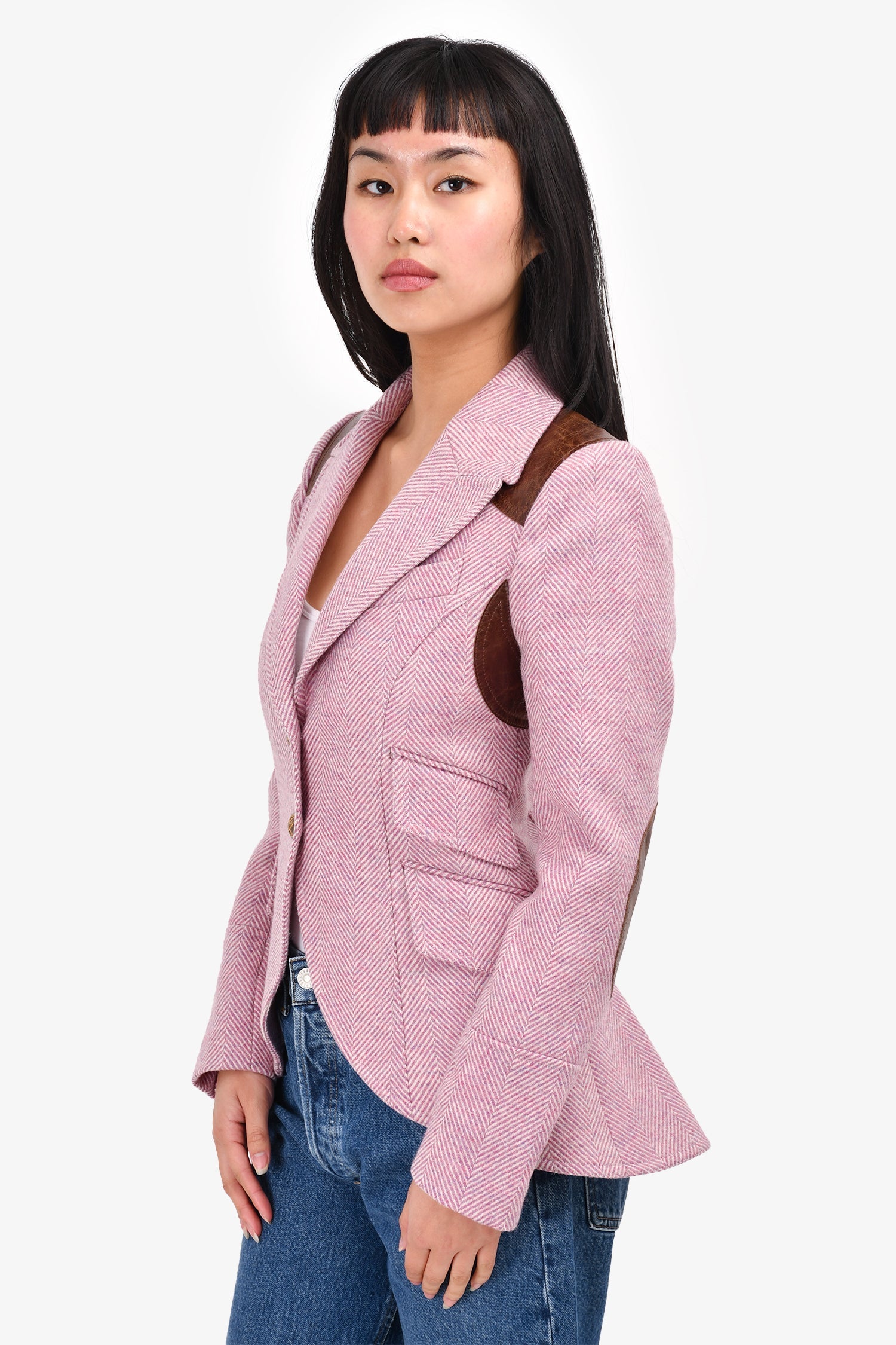 Smythe Purple Herringbone Blazer with Brown Leather Patches Size 2