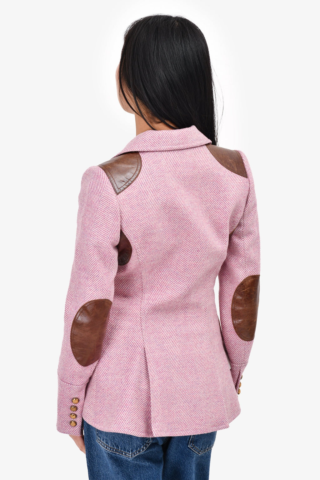 Smythe Purple Herringbone Blazer with Brown Leather Patches Size 2