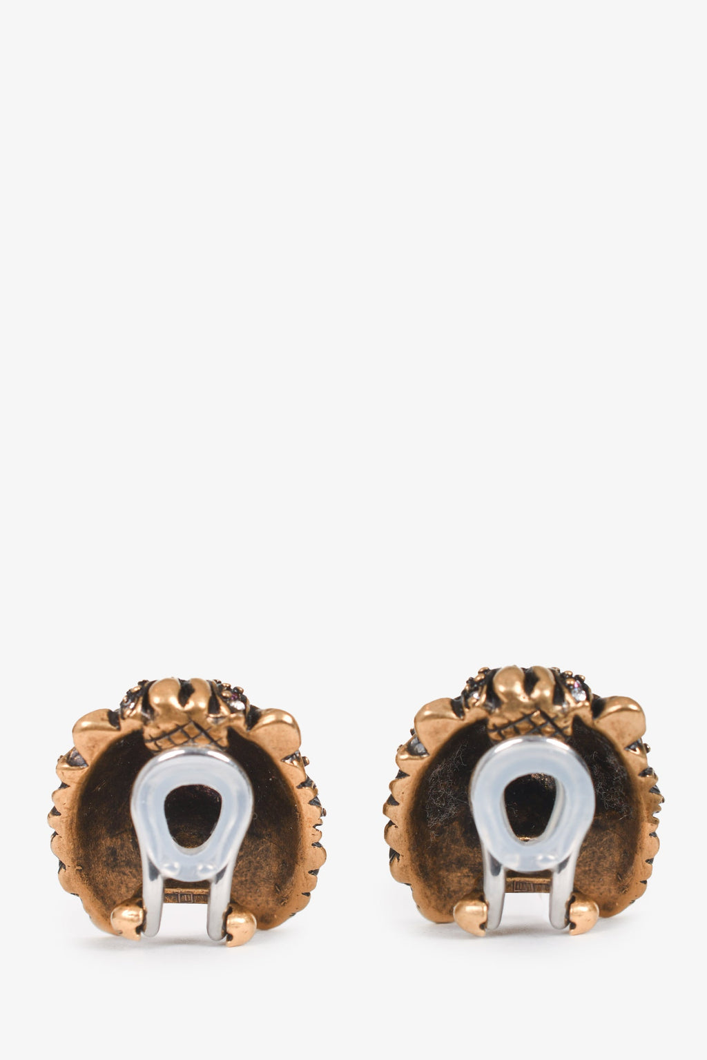 Gucci Aged Gold Crystal Embellished Lion Head Clip On Earrings