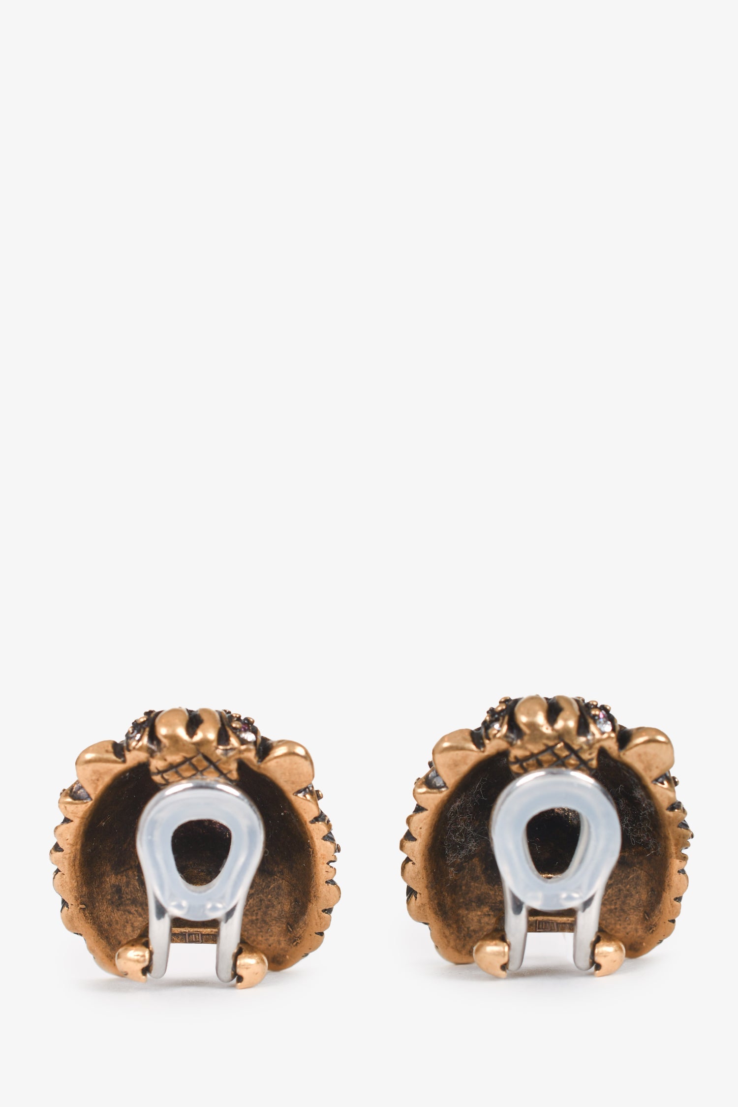 Gucci Aged Gold Crystal Embellished Lion Head Clip On Earrings