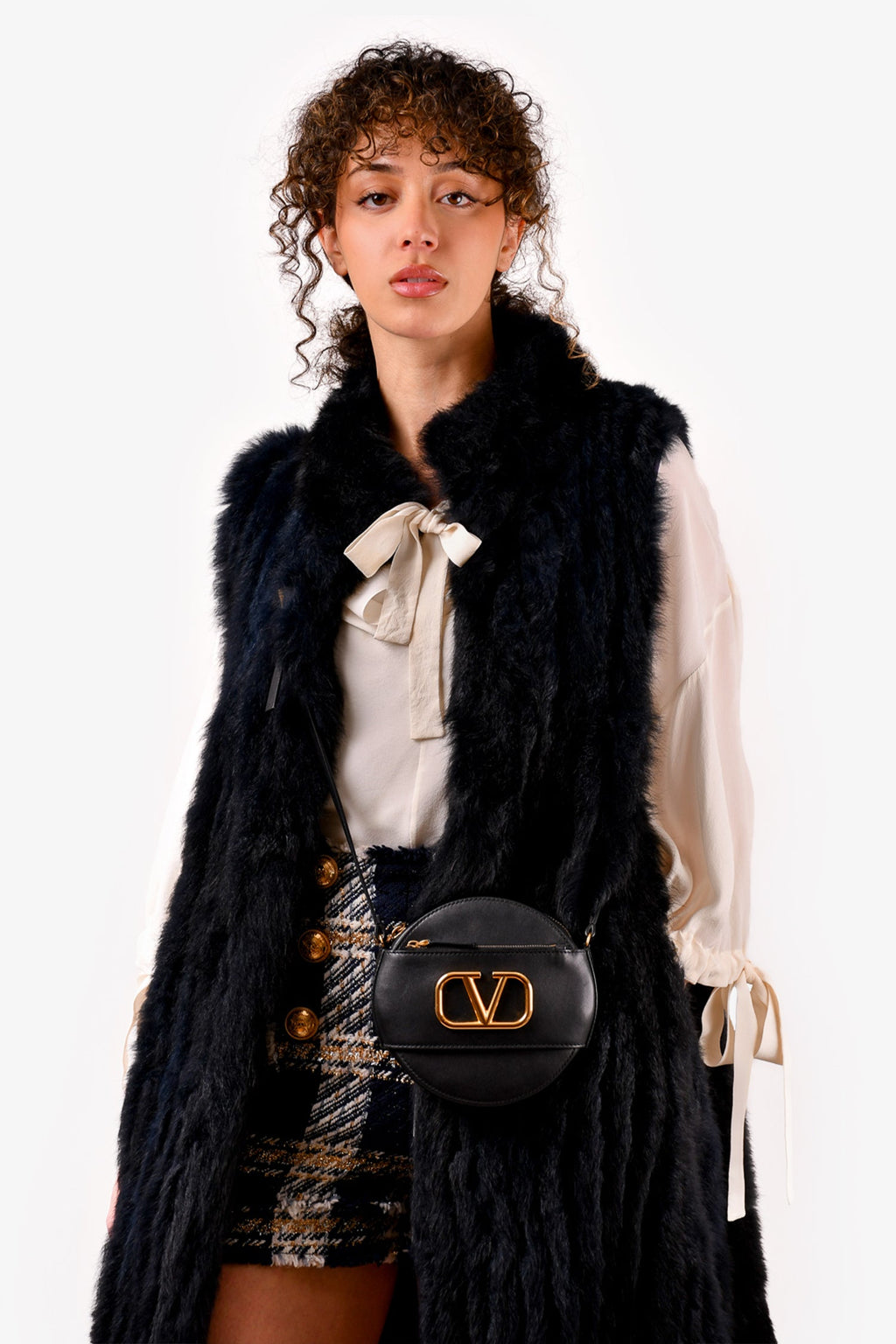 Valentino Black Leather Round V-Logo Crossbody Bag