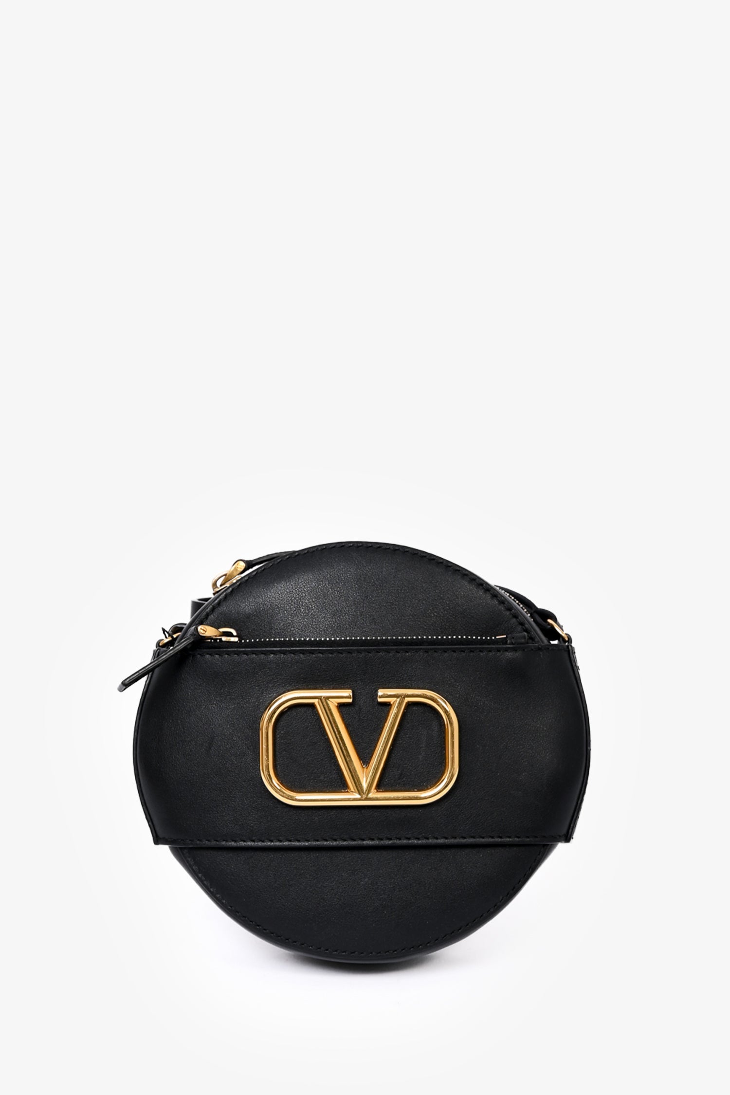 Valentino Black Leather Round V-Logo Crossbody Bag