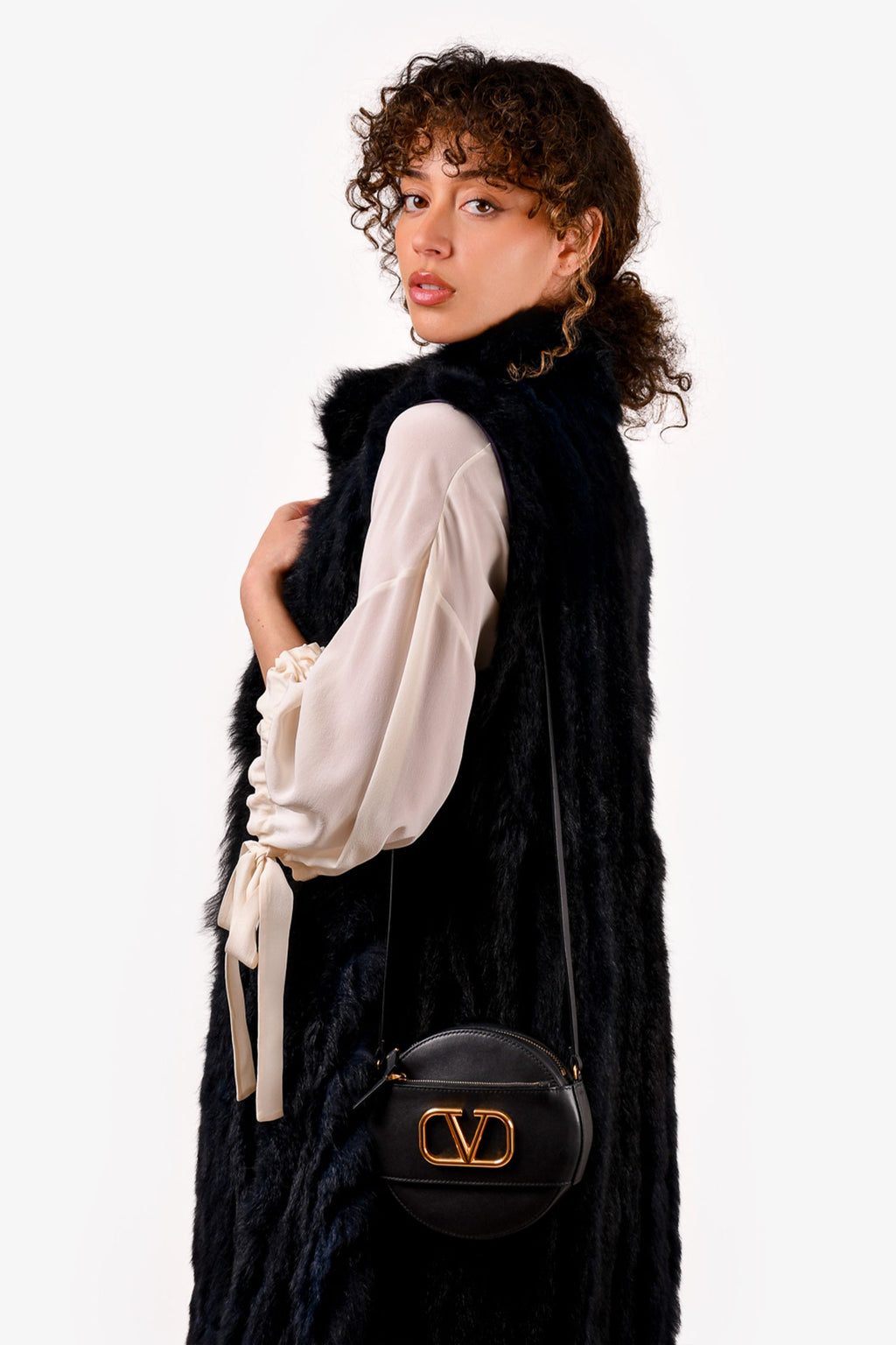 Valentino Black Leather Round V-Logo Crossbody Bag