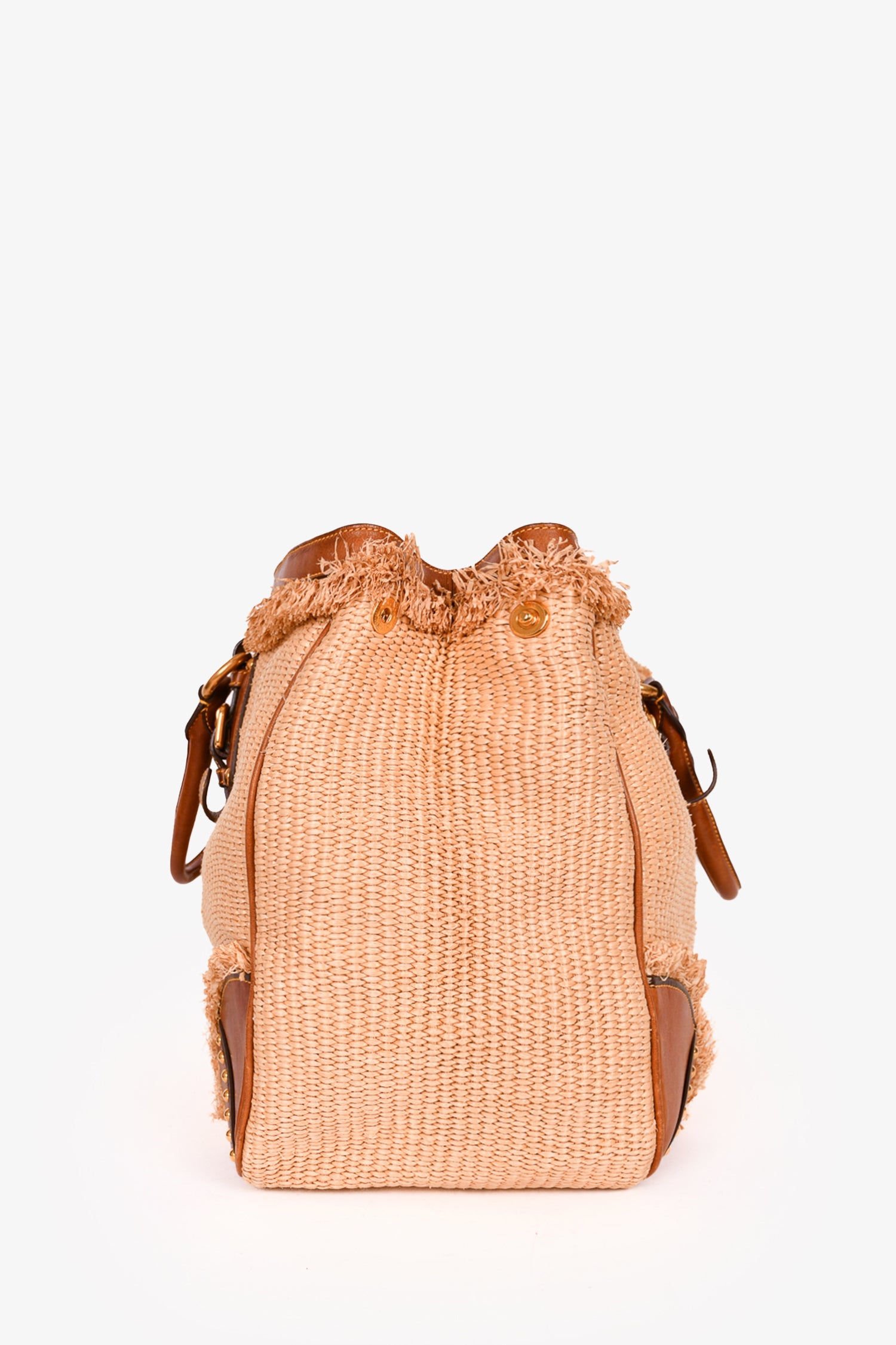 Prada Vintage Beige Raffia Leather Trimmed Tote with Strap