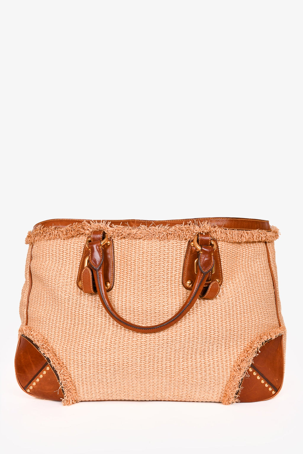 Prada Vintage Beige Raffia Leather Trimmed Tote with Strap