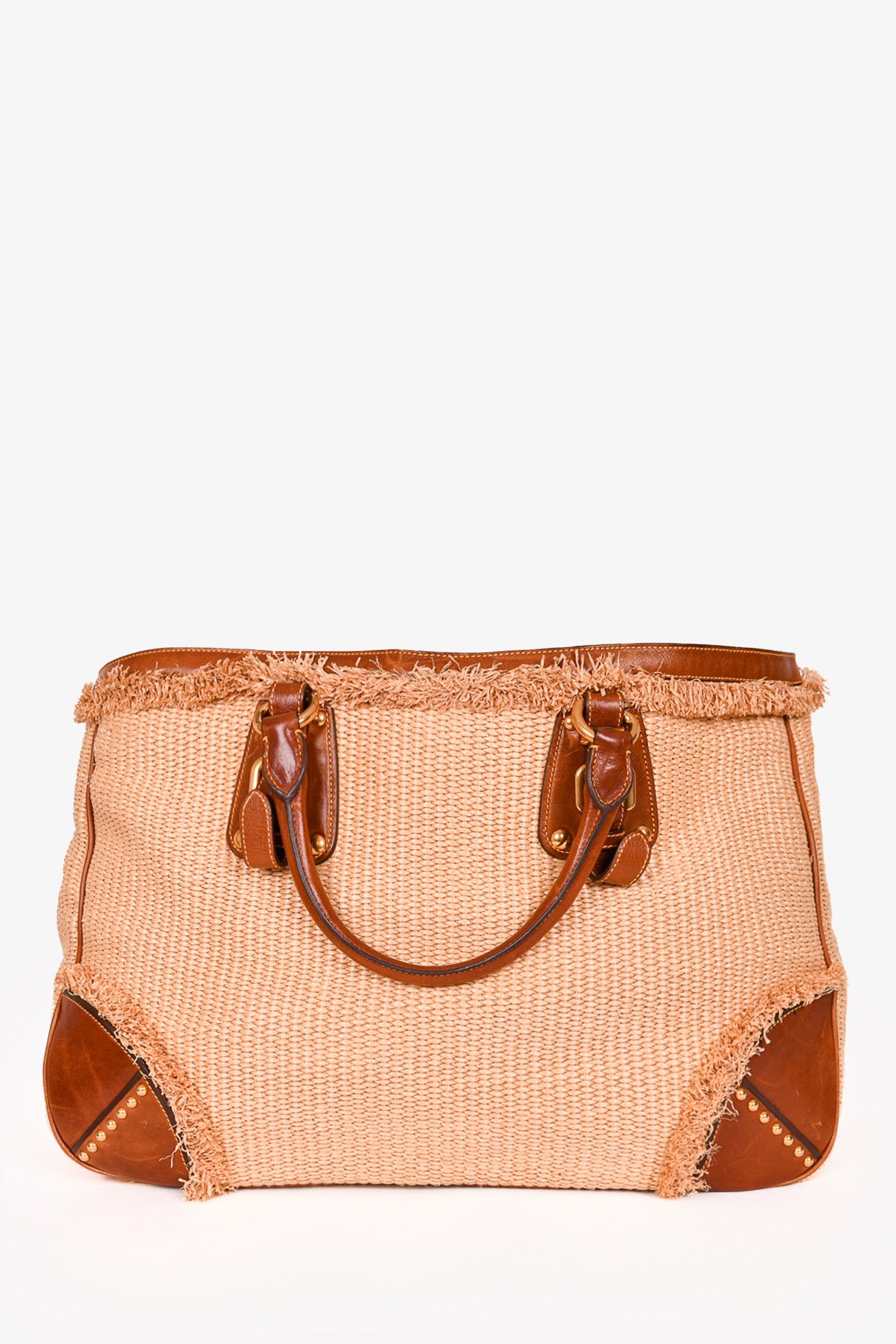 Prada Vintage Beige Raffia Leather Trimmed Tote with Strap
