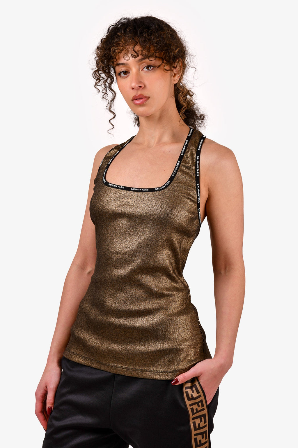 Balmain Gold Racerback Tank Top with Logo Trim Size 42