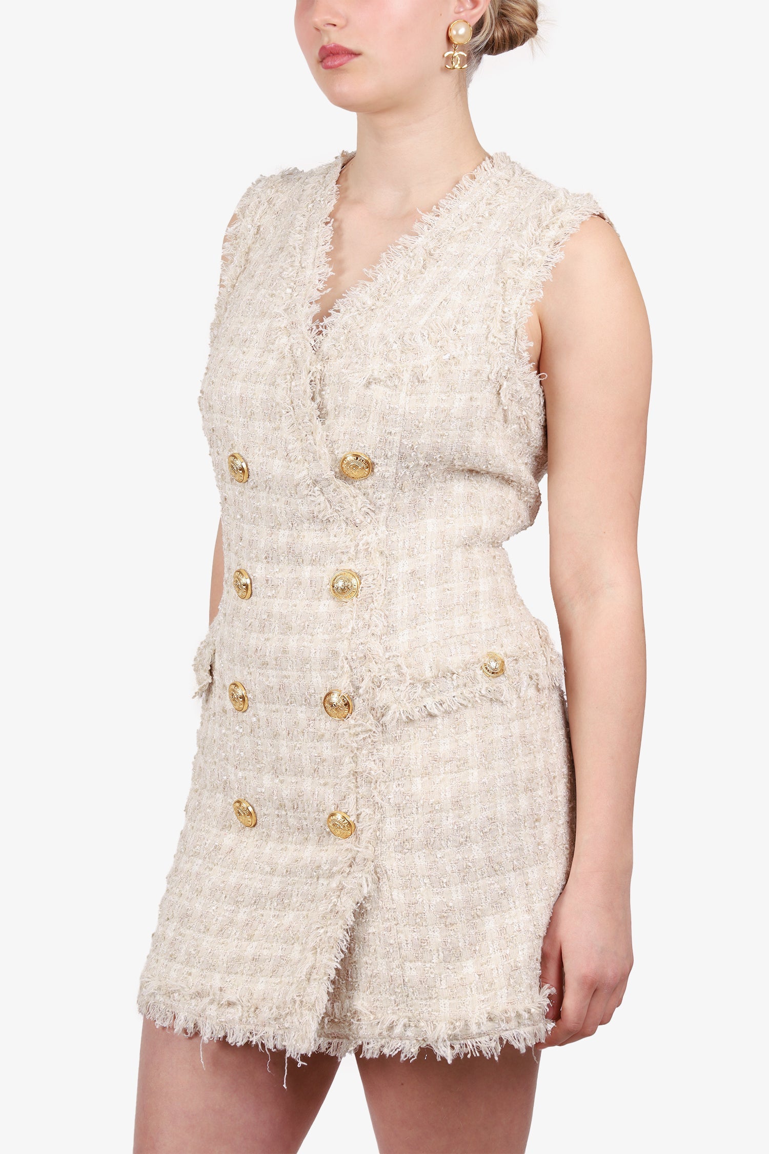 Balmain Cream Tweed Zip-up Sleeveless Mini Dress Size 44