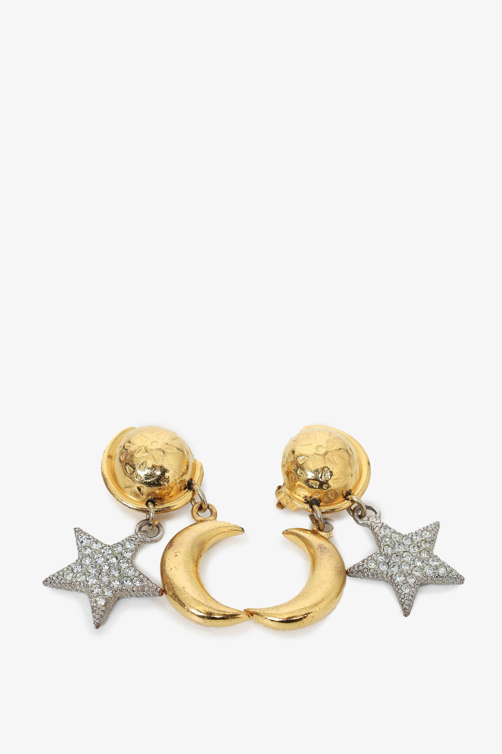 Celine Vintage Gold Tone Moon & Crystal Star Dangle Earrings