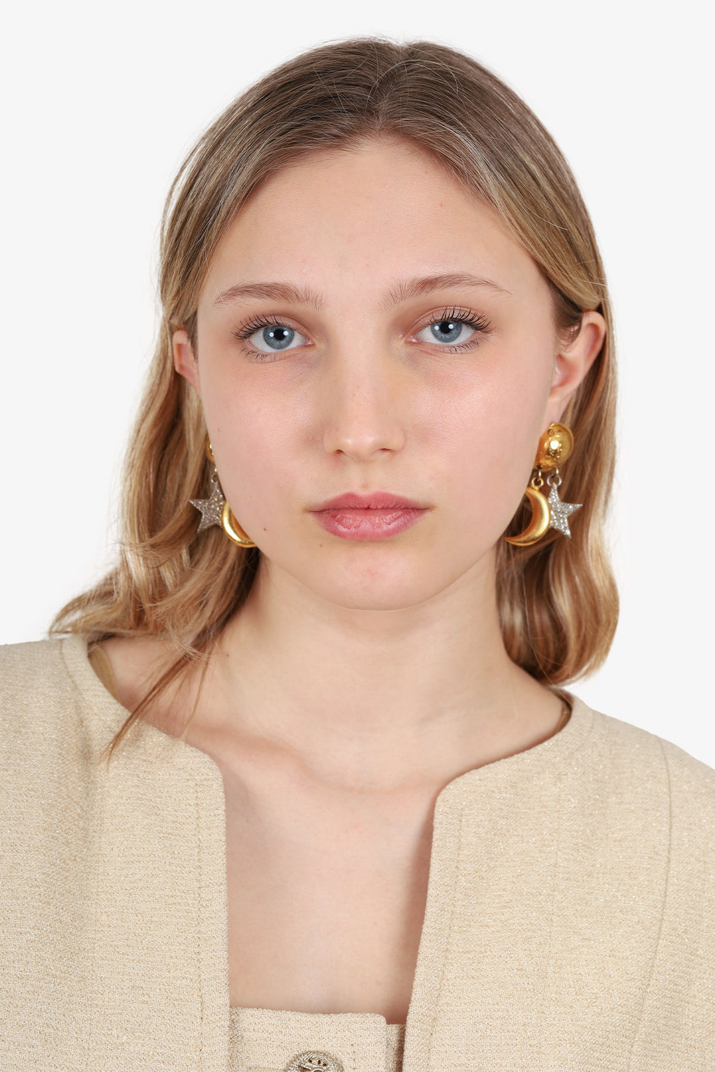 Celine Vintage Gold Tone Moon & Crystal Star Dangle Earrings
