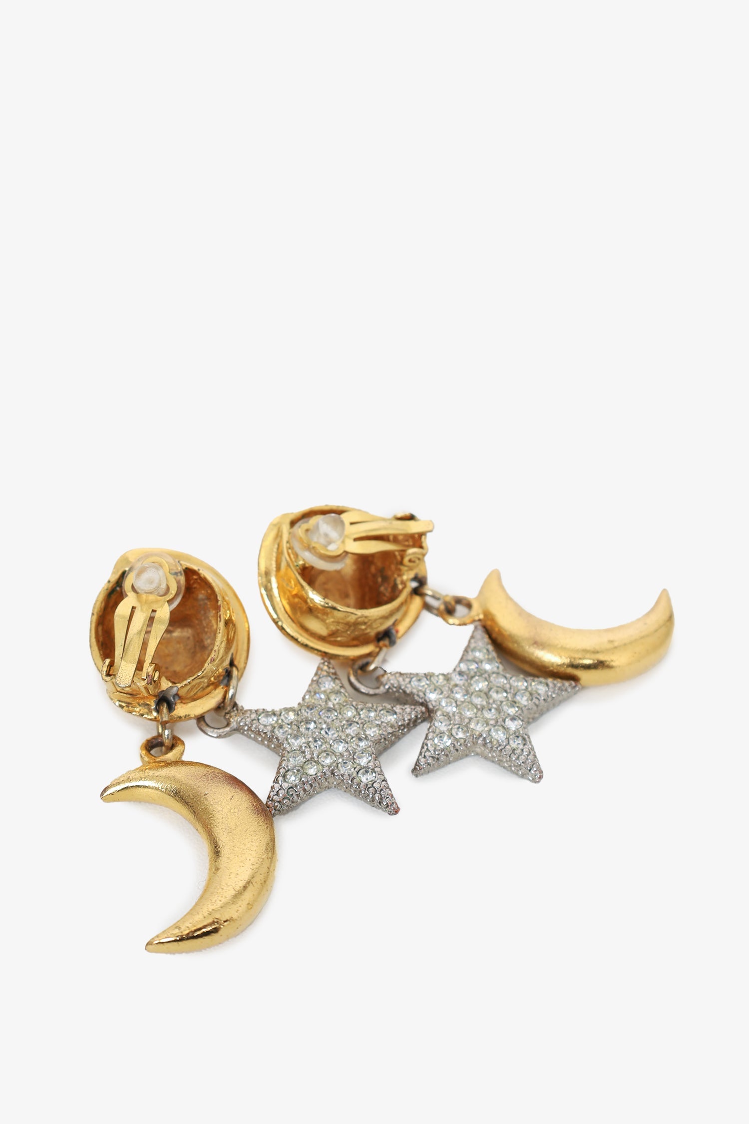 Celine Vintage Gold Tone Moon & Crystal Star Dangle Earrings