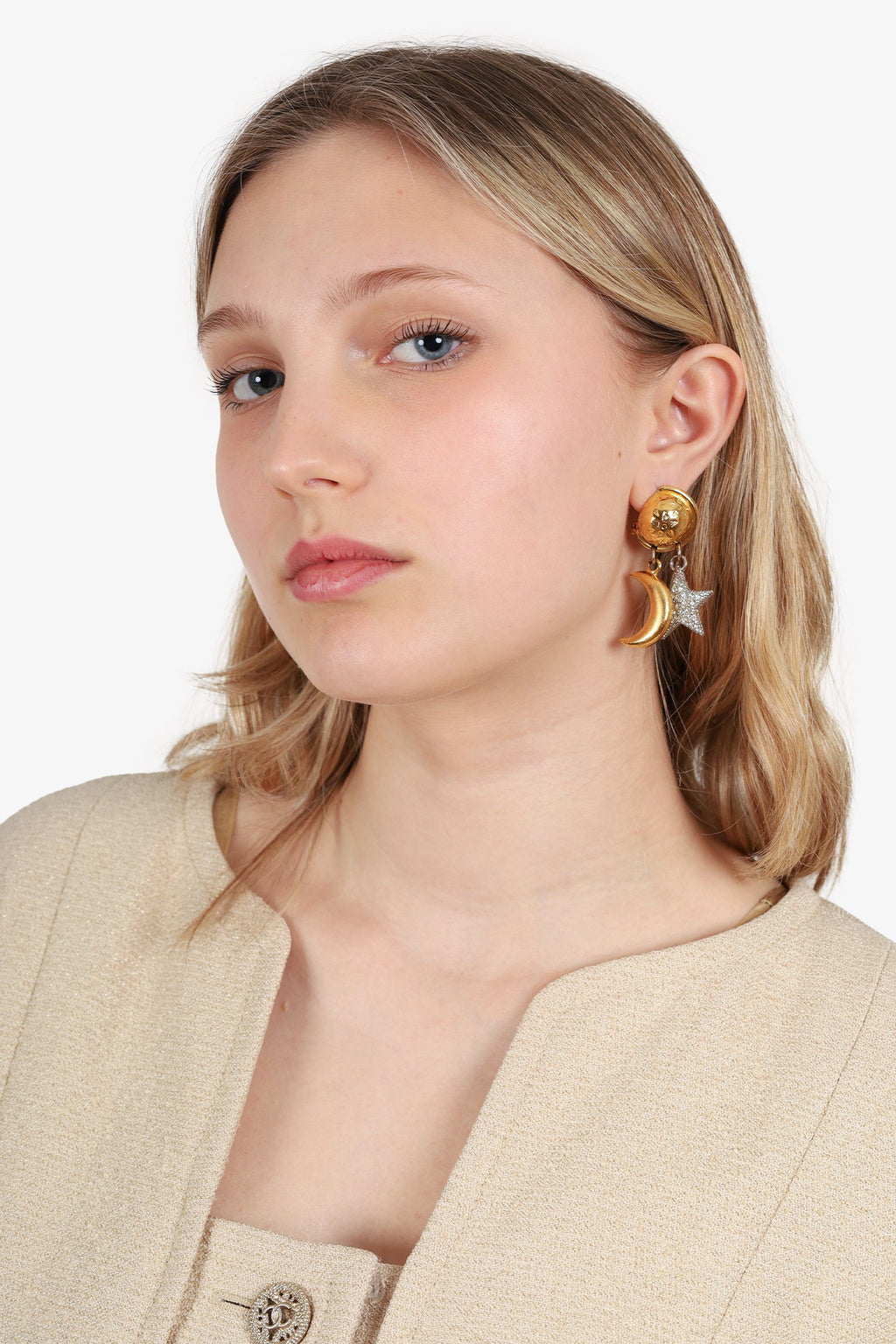 Celine Vintage Gold Tone Moon & Crystal Star Dangle Earrings